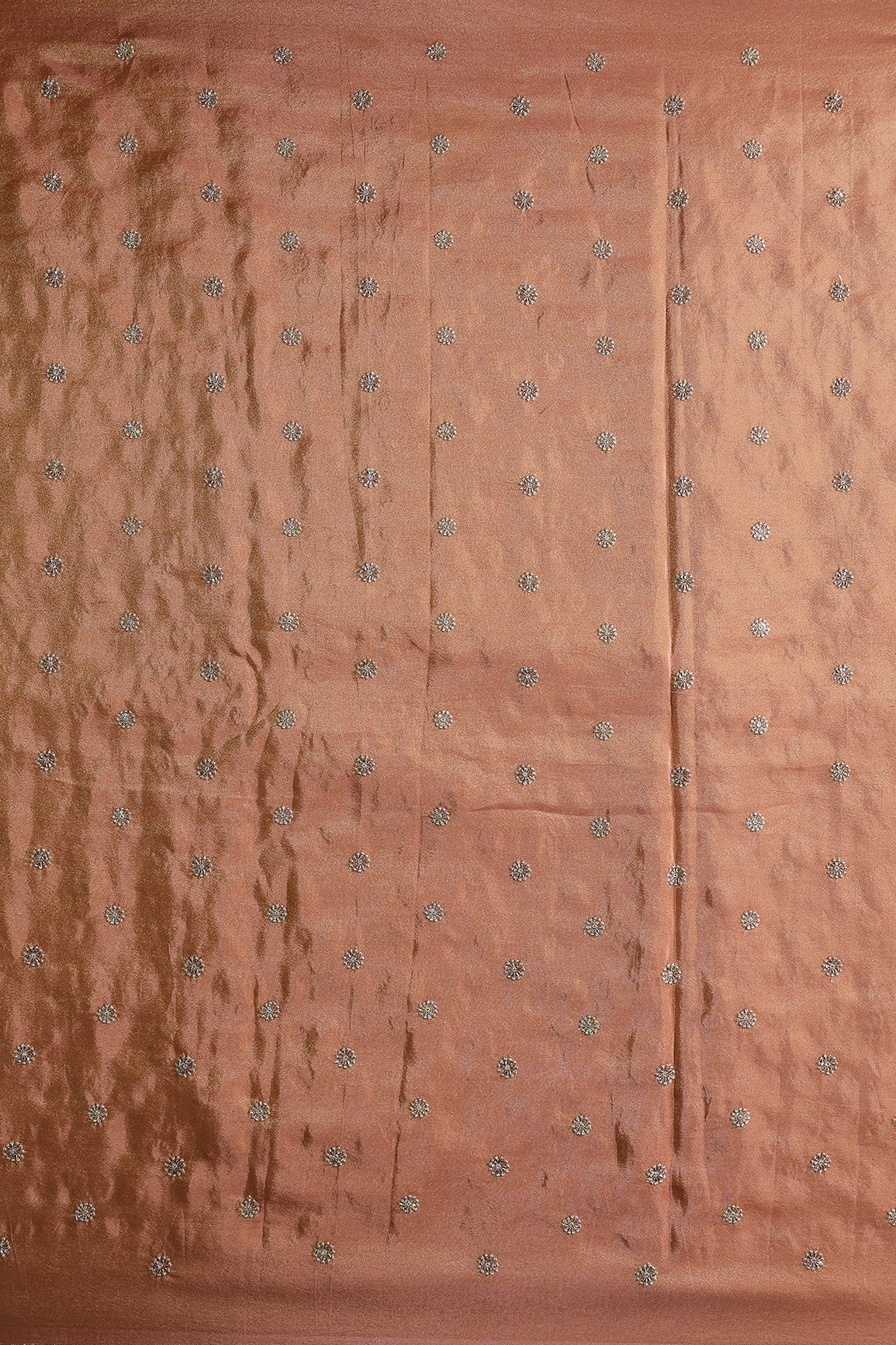 Multi Sequins & Beads With Zari Floral Butti Embroidery Work On Peach Viscose Zari Tissue Fabric