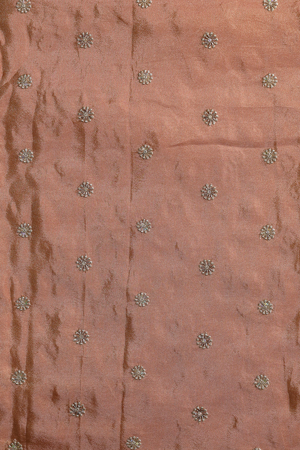 Multi Sequins & Beads With Zari Floral Butti Embroidery Work On Peach Viscose Zari Tissue Fabric