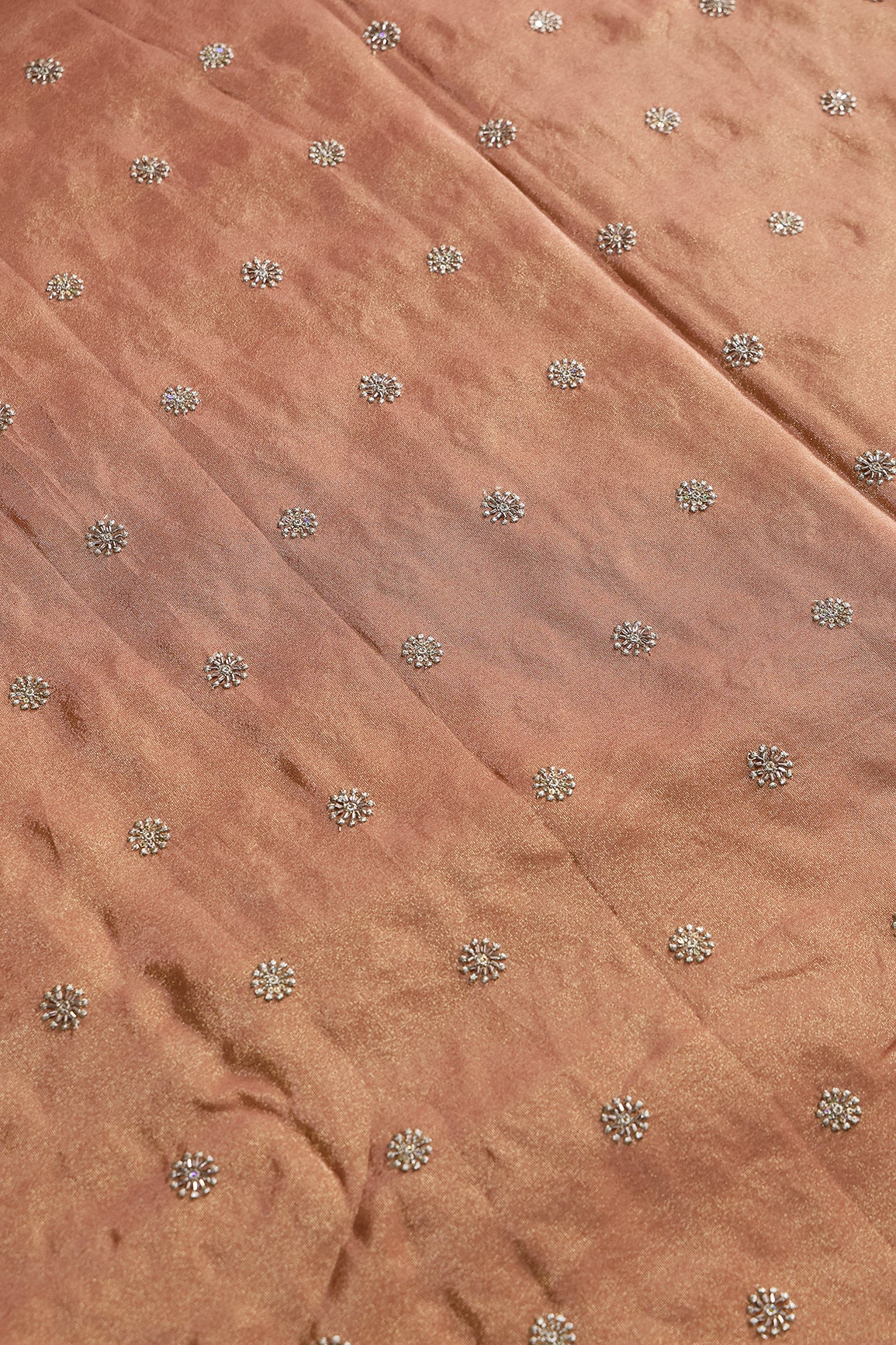 Multi Sequins & Beads With Zari Floral Butti Embroidery Work On Peach Viscose Zari Tissue Fabric