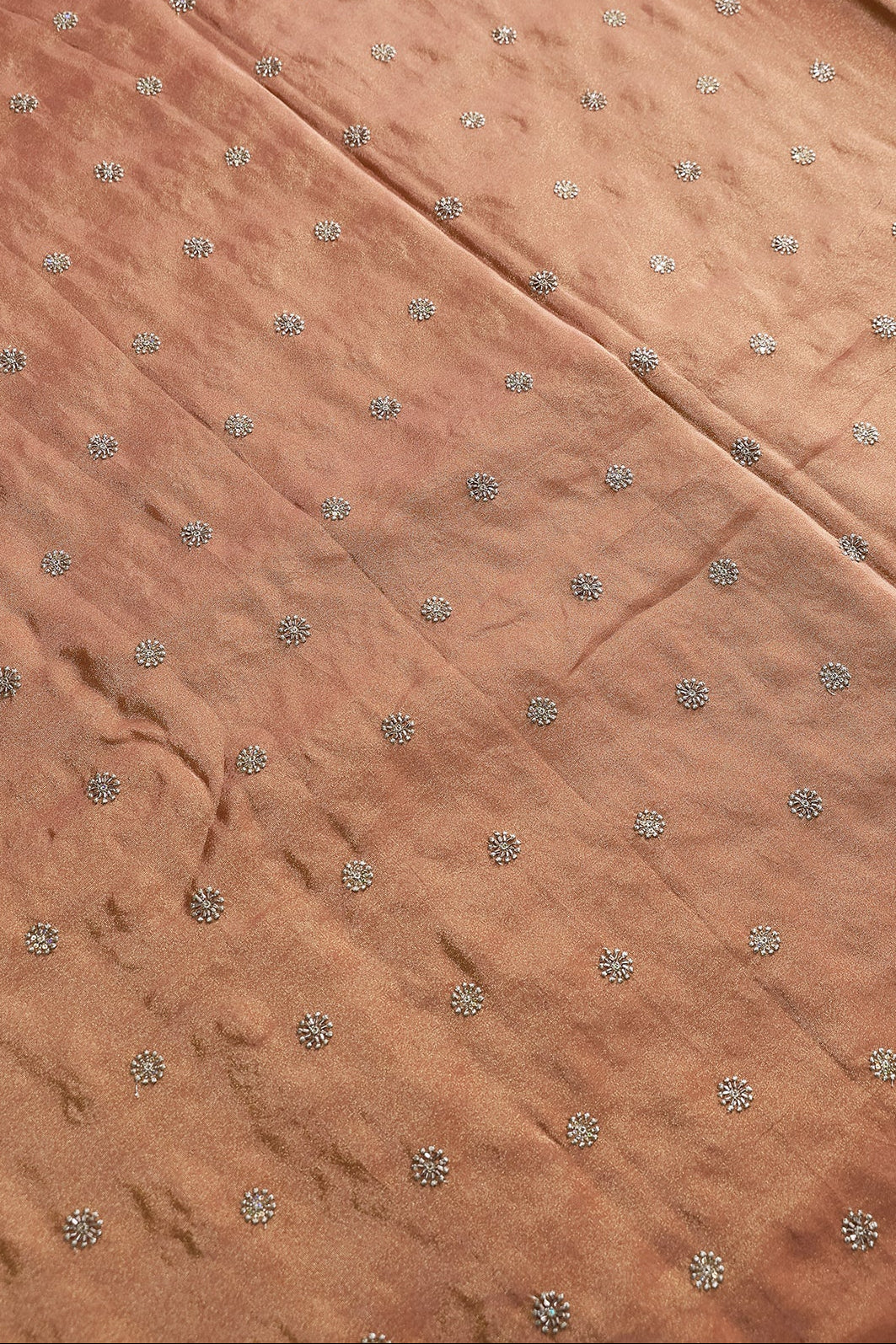 Multi Sequins & Beads With Zari Floral Butti Embroidery Work On Peach Viscose Zari Tissue Fabric