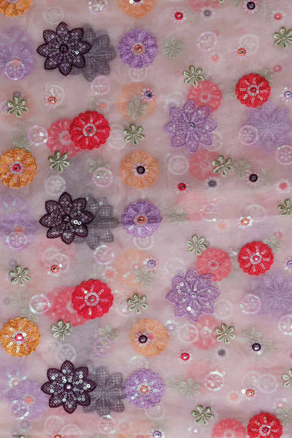 1.25 Meter Cut Piece Of Exclusive Floral Designer Embroidery With Faux Mirror On Light Pink Organza Fabric