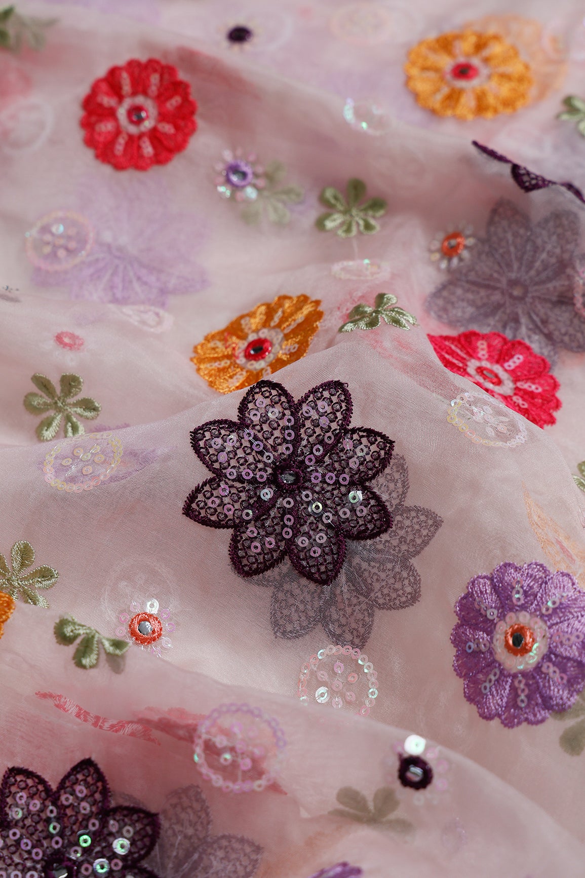 1.25 Meter Cut Piece Of Exclusive Floral Designer Embroidery With Faux Mirror On Light Pink Organza Fabric