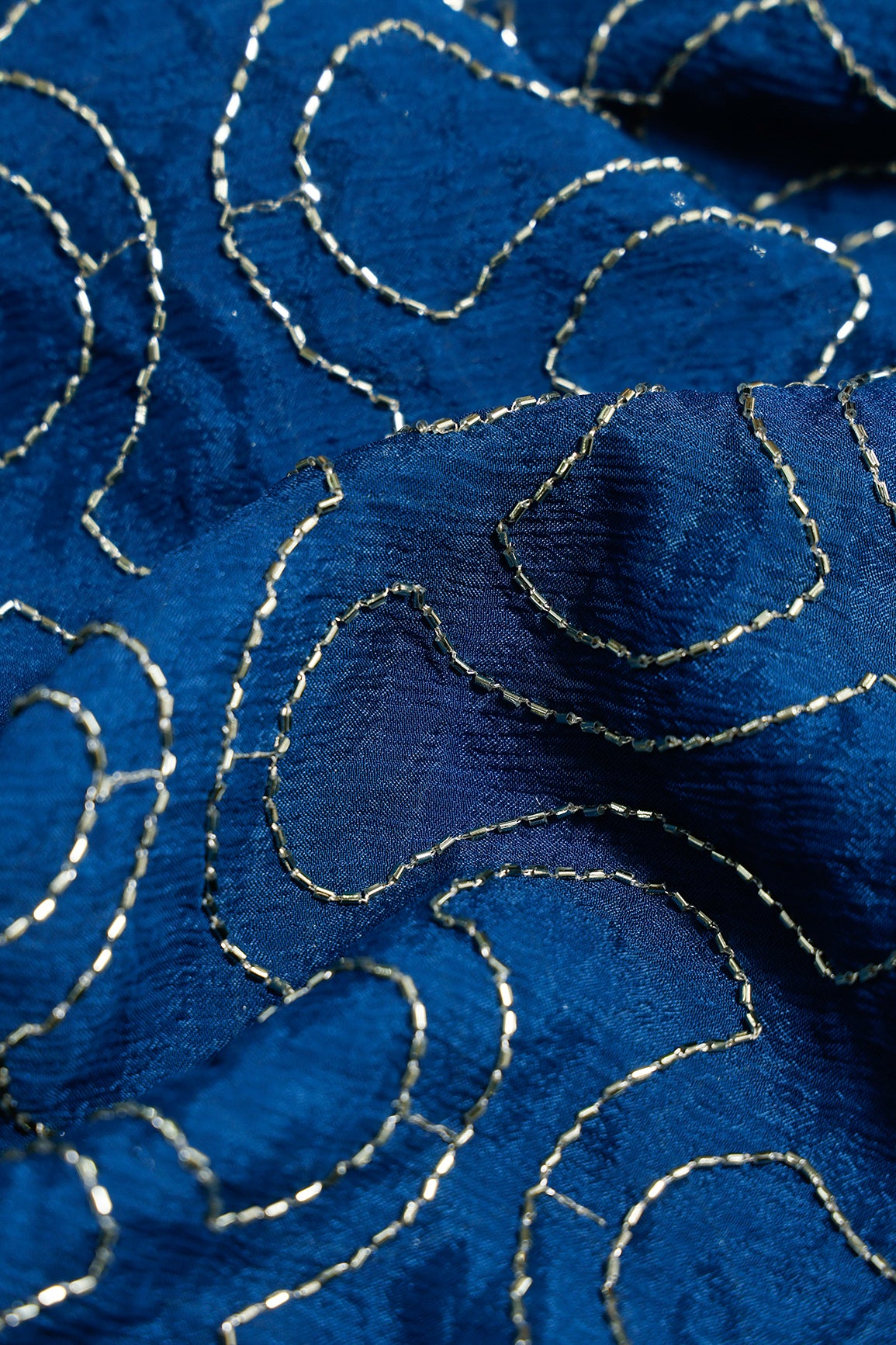 2.50 Meter Cut Piece Of Cut Dana Beads Appealing Abstract Embroidery Work On Rama Chinnon Chiffon Fabric