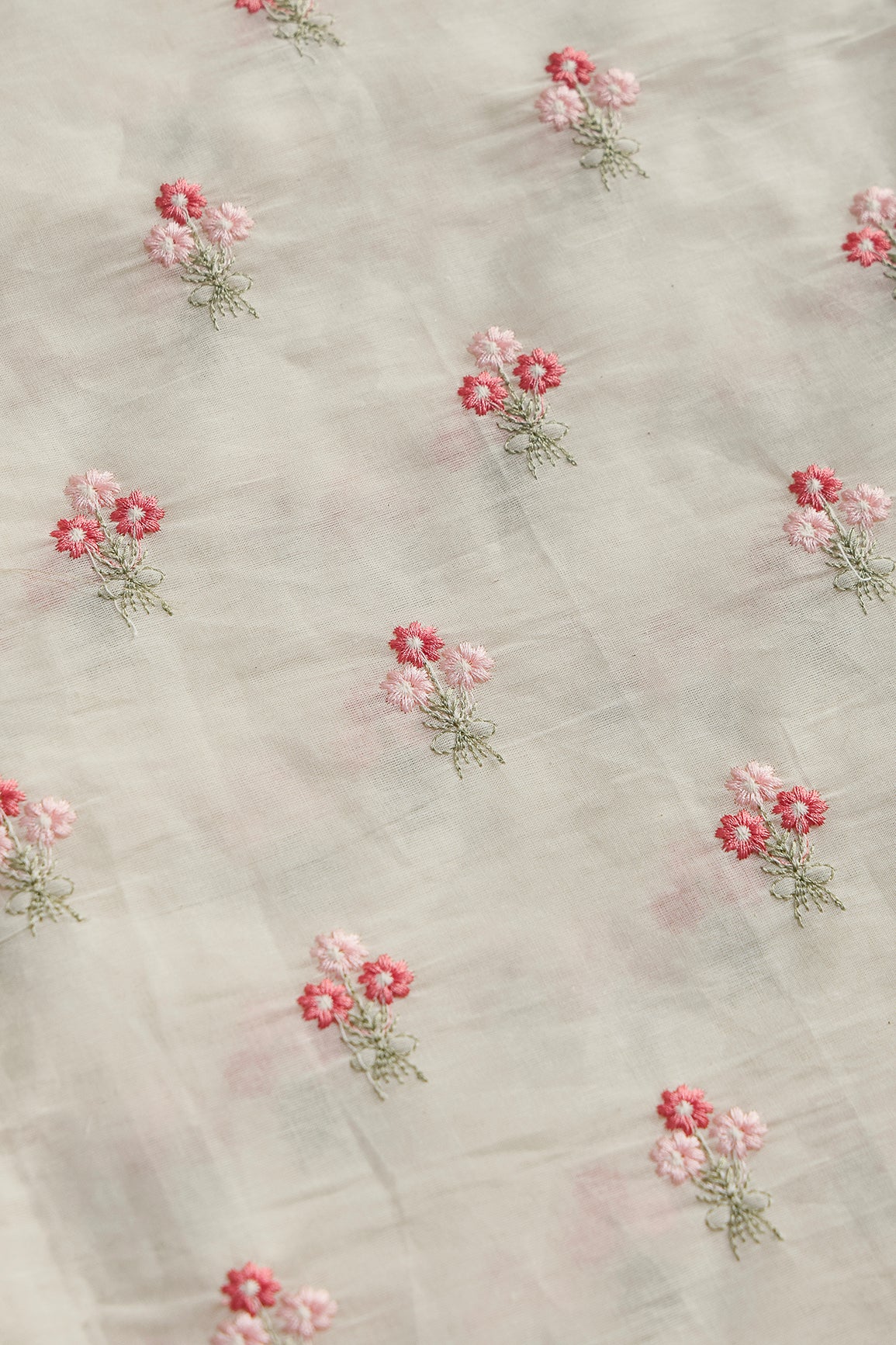 Gajri And Baby Pink Thread Small Floral Embroidery Work On Off White Organic Cotton Fabric