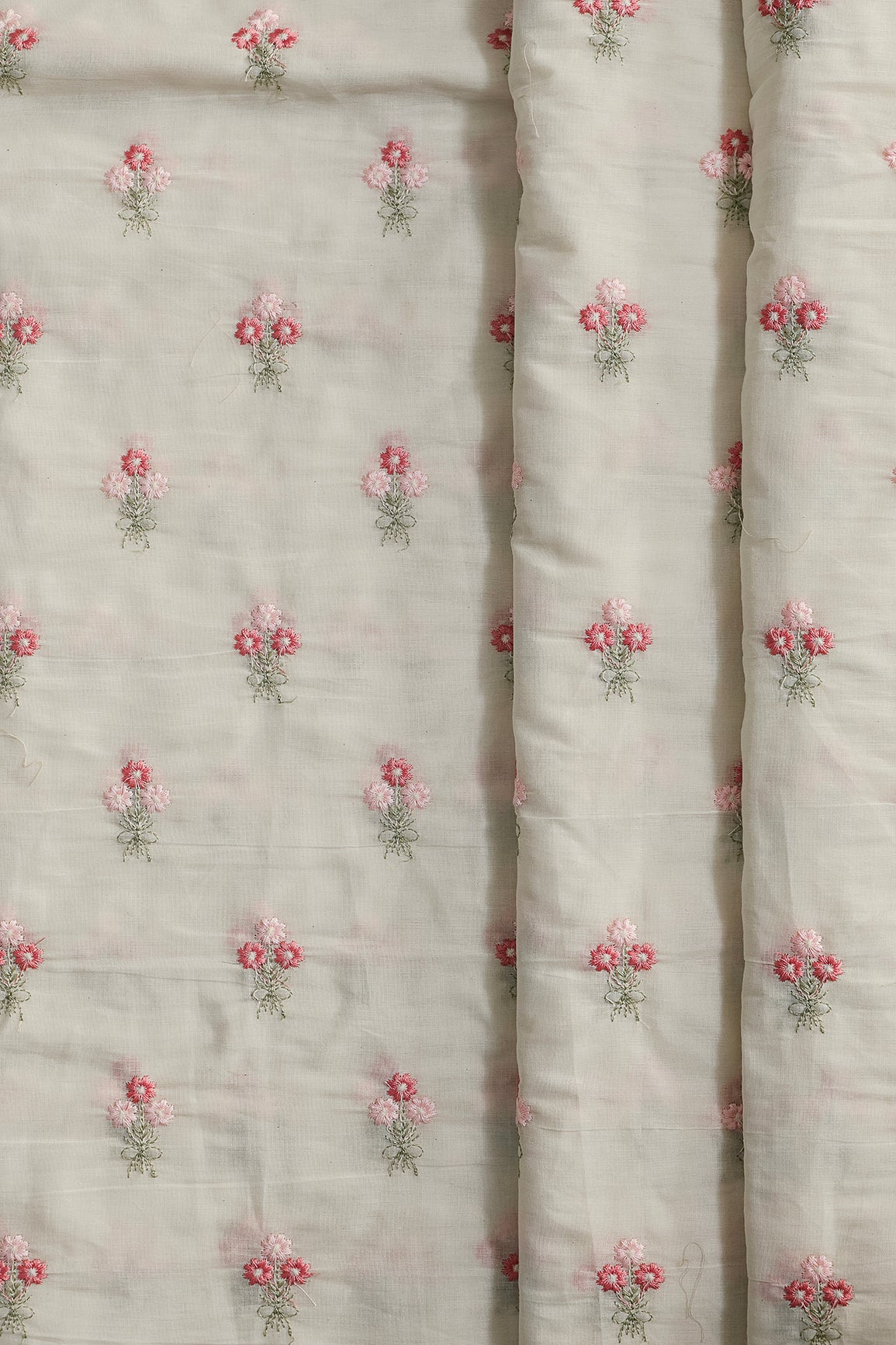 Gajri And Baby Pink Thread Small Floral Embroidery Work On Off White Organic Cotton Fabric