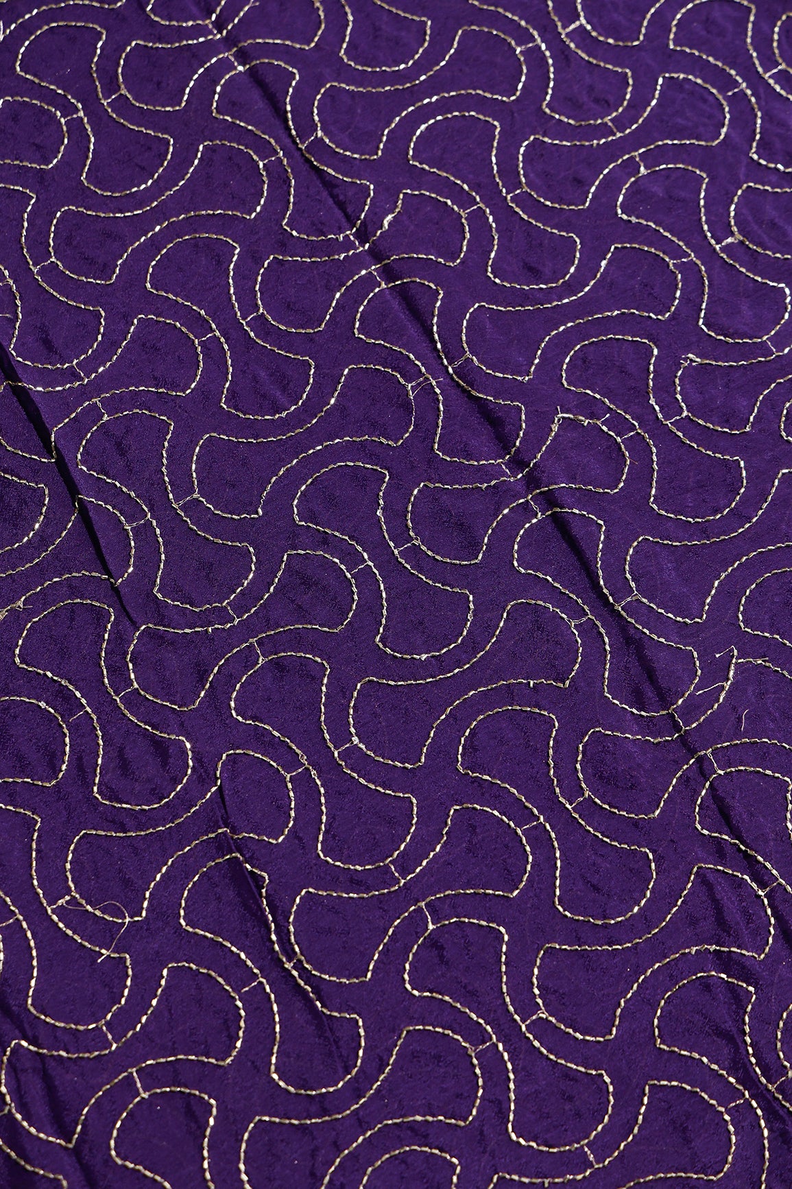 1.75 Meter Cut Piece Of Cut Dana Beads Appealing Abstract Embroidery Work On Purple Chinnon Chiffon Fabric