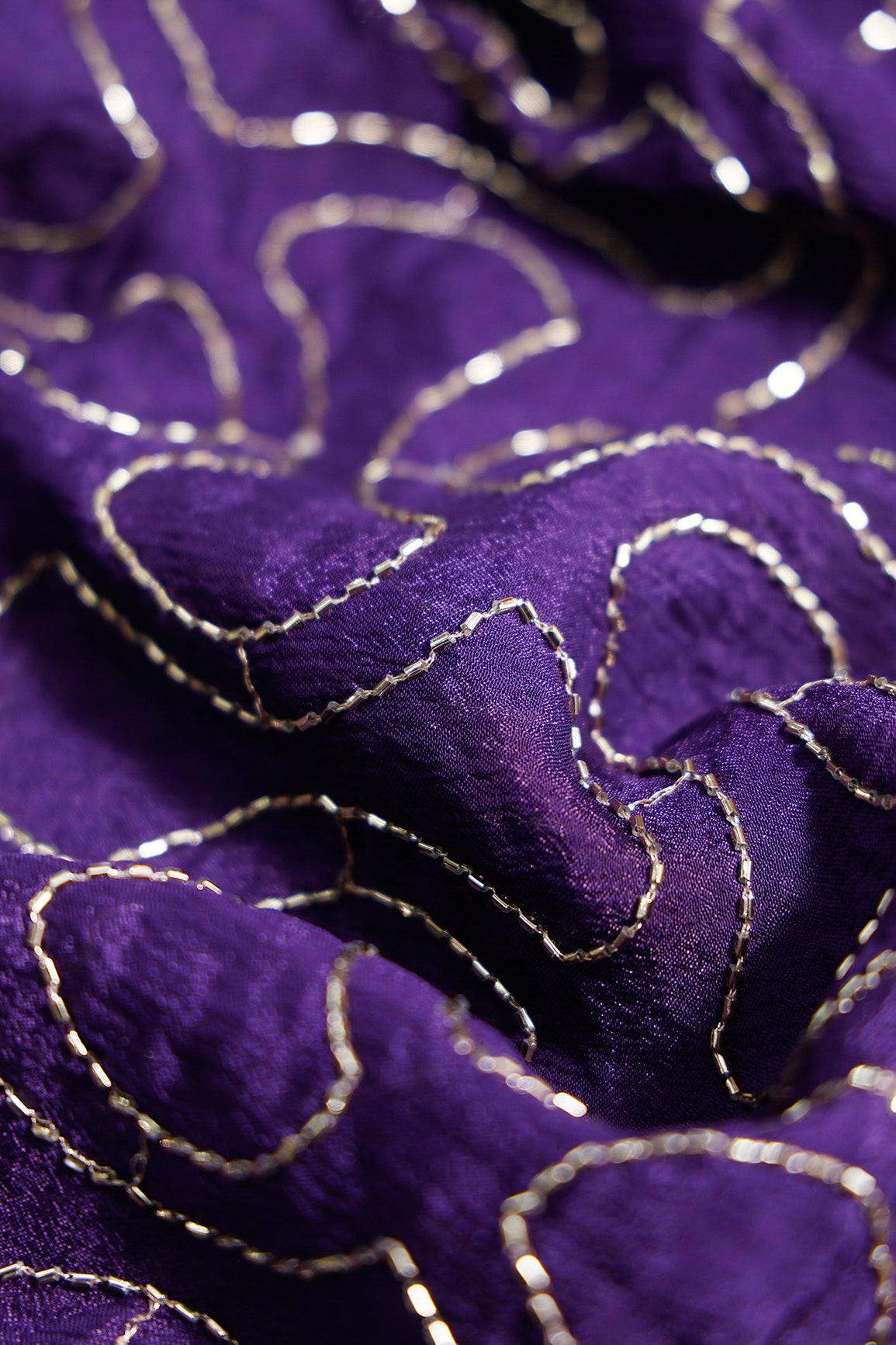 1.75 Meter Cut Piece Of Cut Dana Beads Appealing Abstract Embroidery Work On Purple Chinnon Chiffon Fabric