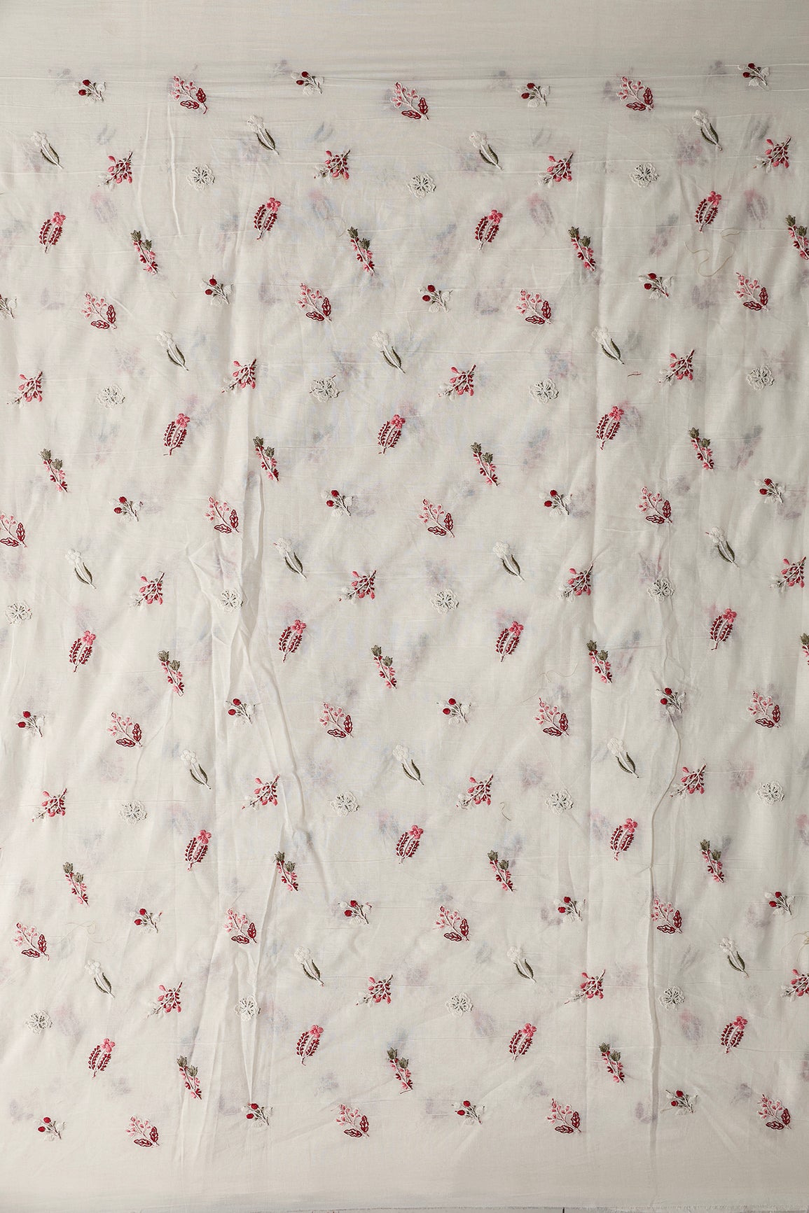 Beautiful Multi Thread Leafy Embroidery Work On Off White Organic Cotton Fabric