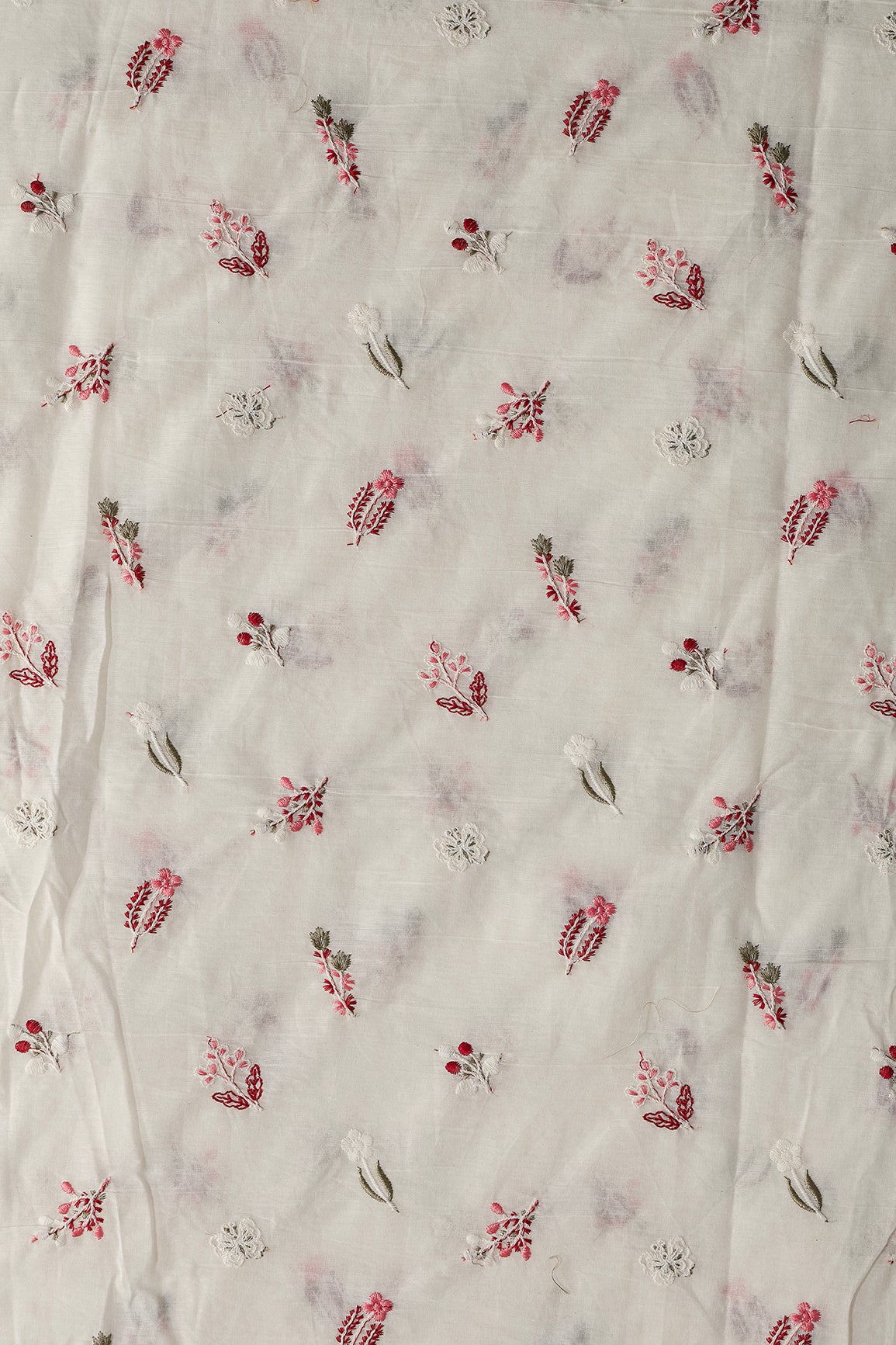 Beautiful Multi Thread Leafy Embroidery Work On Off White Organic Cotton Fabric