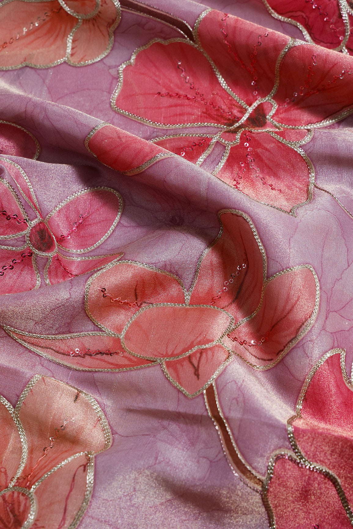 1 Meter Cut Piece Of Floral Positional Print On Sequins With Zari Embroidery On Pastel Pink Zari Tissue Fabric