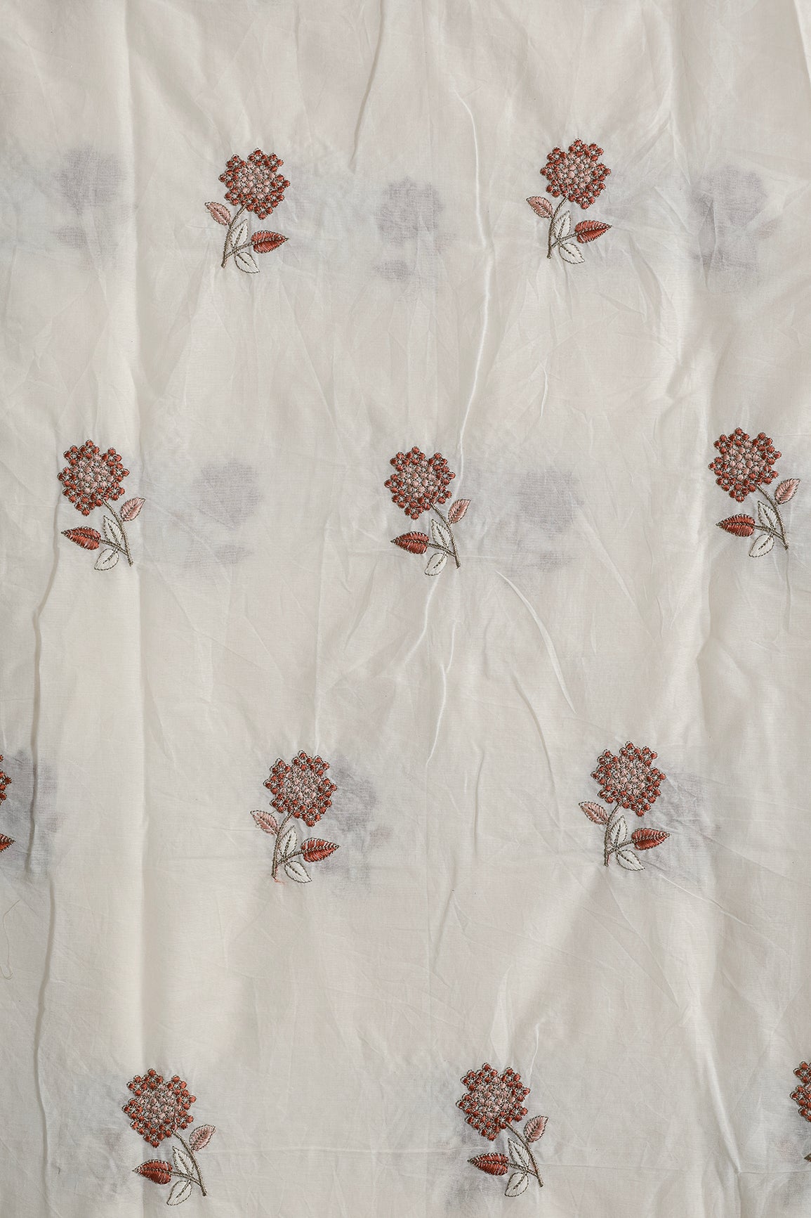 Multi Thread Beautiful Floral Embroidery Work On Off White Organic Cotton Fabric