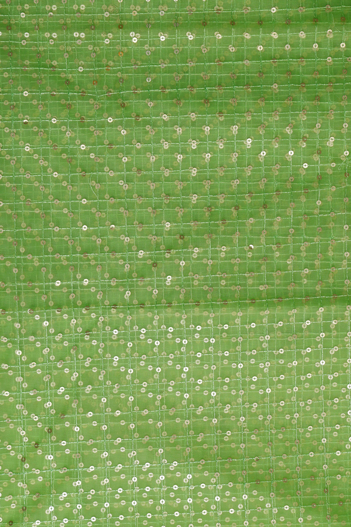 3.50 Meter Cut Piece Of Silver Sequins With Thread Checks Embroidery Work On Parrot Green Soft Net Fabric