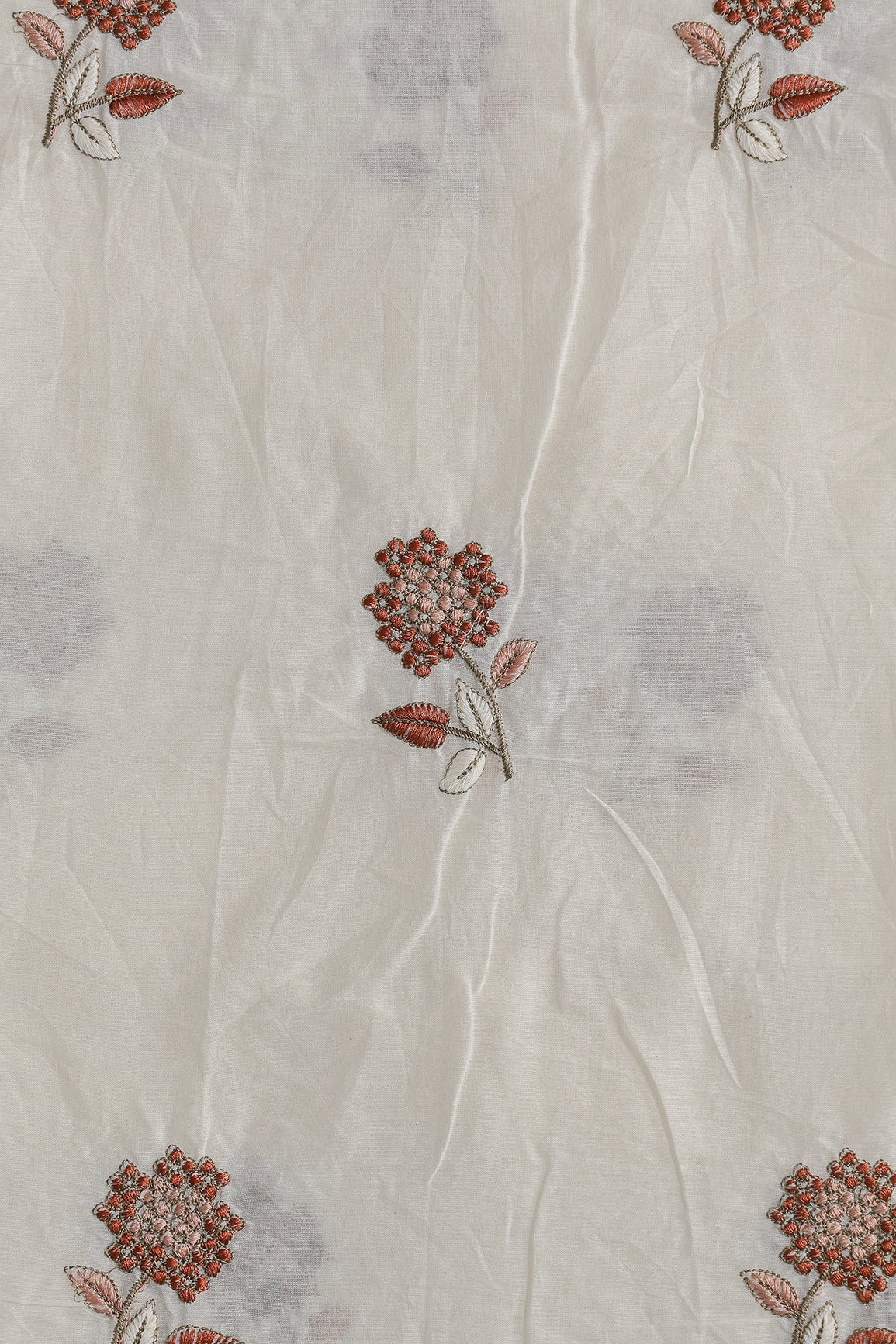 Multi Thread Beautiful Floral Embroidery Work On Off White Organic Cotton Fabric