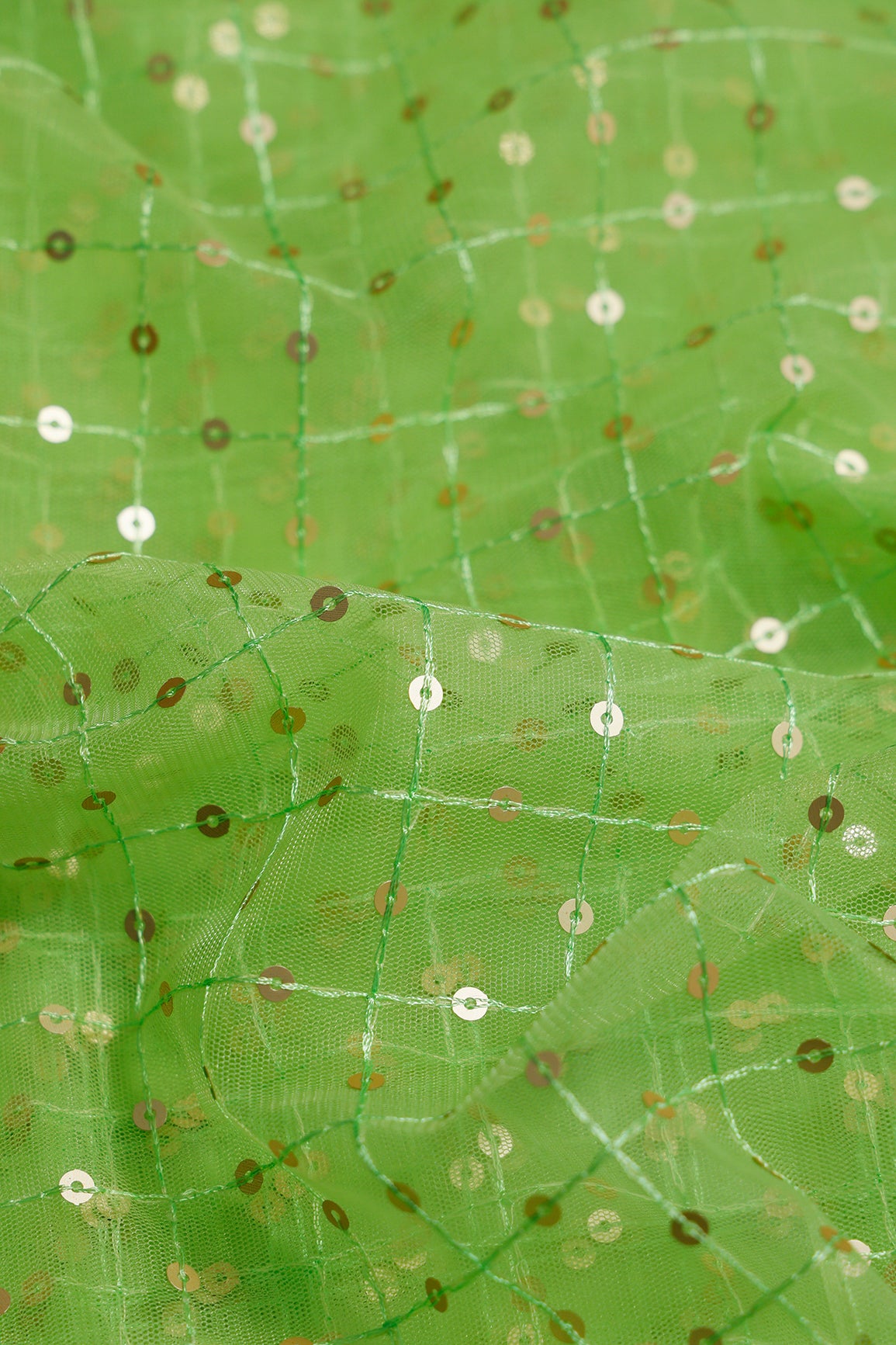 3.50 Meter Cut Piece Of Silver Sequins With Thread Checks Embroidery Work On Parrot Green Soft Net Fabric