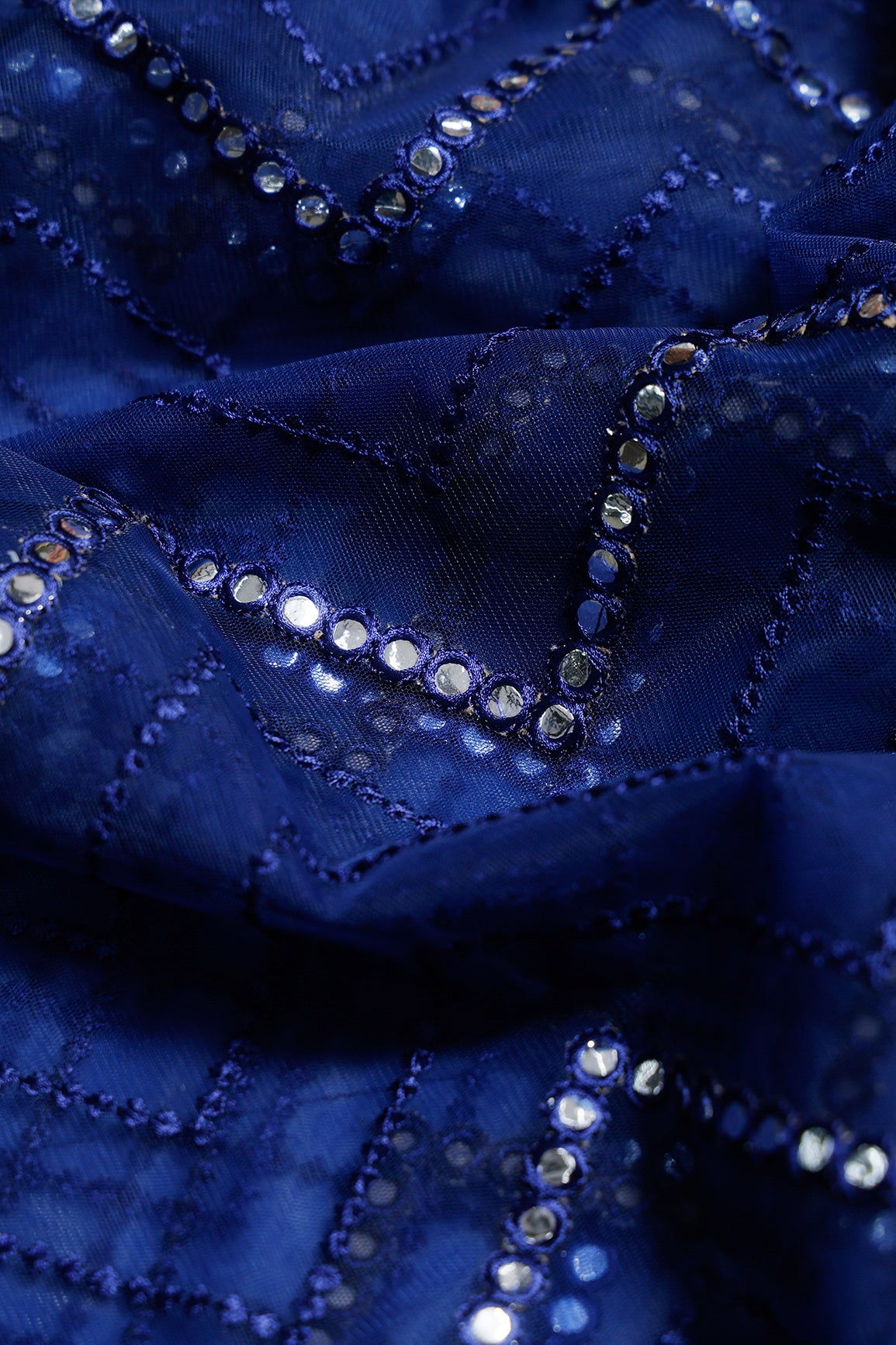 5.25 Meter Cut Piece Of Foux Mirror With Navy Blue Thread Chevron Embroidery Work On Navy Blue Soft Net Fabric