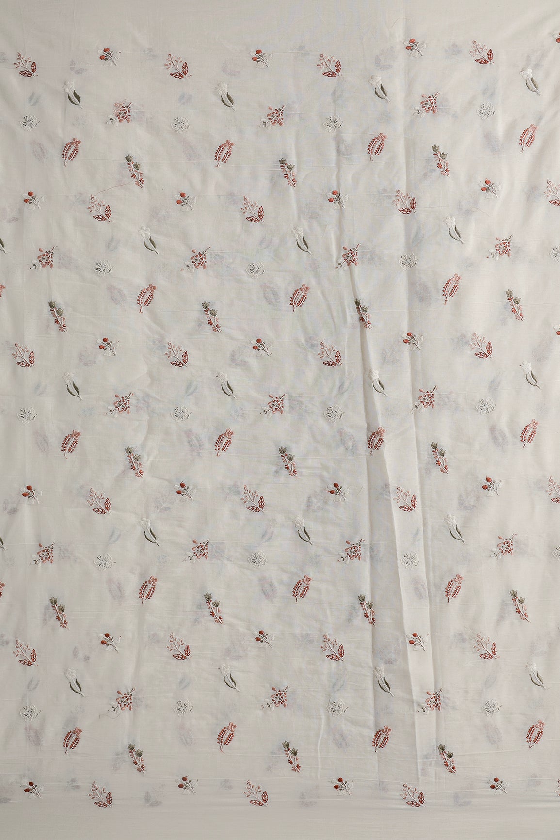 Beautiful Multi Thread Leafy Embroidery Work On Off White Organic Cotton Fabric