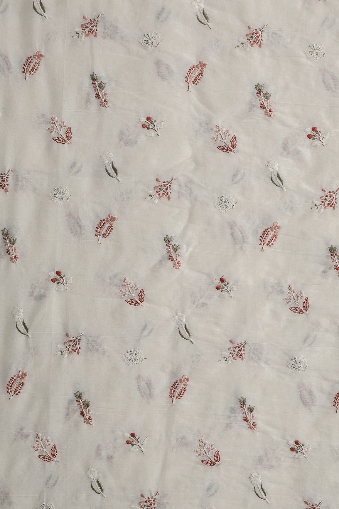 Beautiful Multi Thread Leafy Embroidery Work On Off White Organic Cotton Fabric