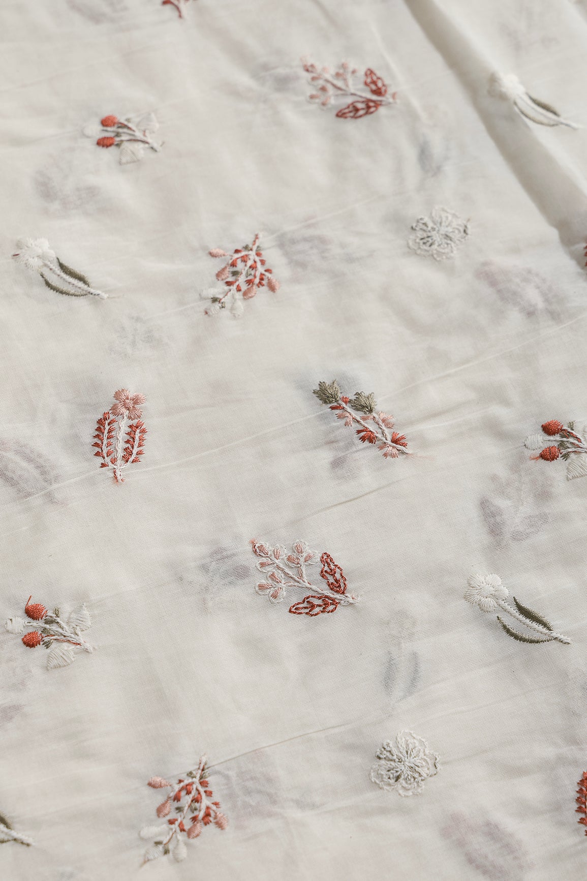 Beautiful Multi Thread Leafy Embroidery Work On Off White Organic Cotton Fabric