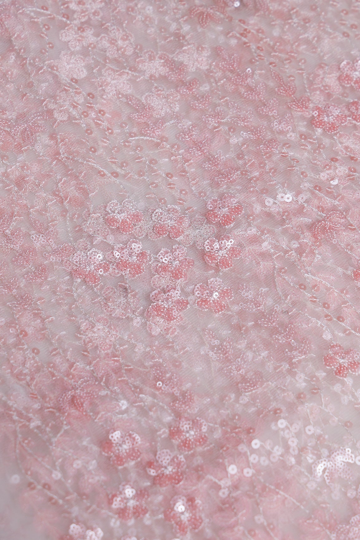 2.50 Meter Cut Piece Of Cream Thread With Peach Sequins Floral Embroidery Work On Cream Soft Net Fabric