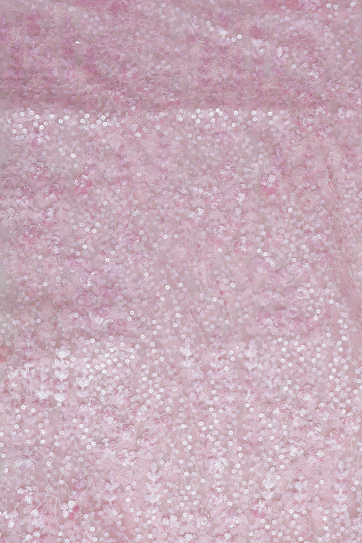 3 Meter Cut Piece Of Cream Thread With Light Pink Sequins Floral Embroidery Work On Cream Soft Net Fabric