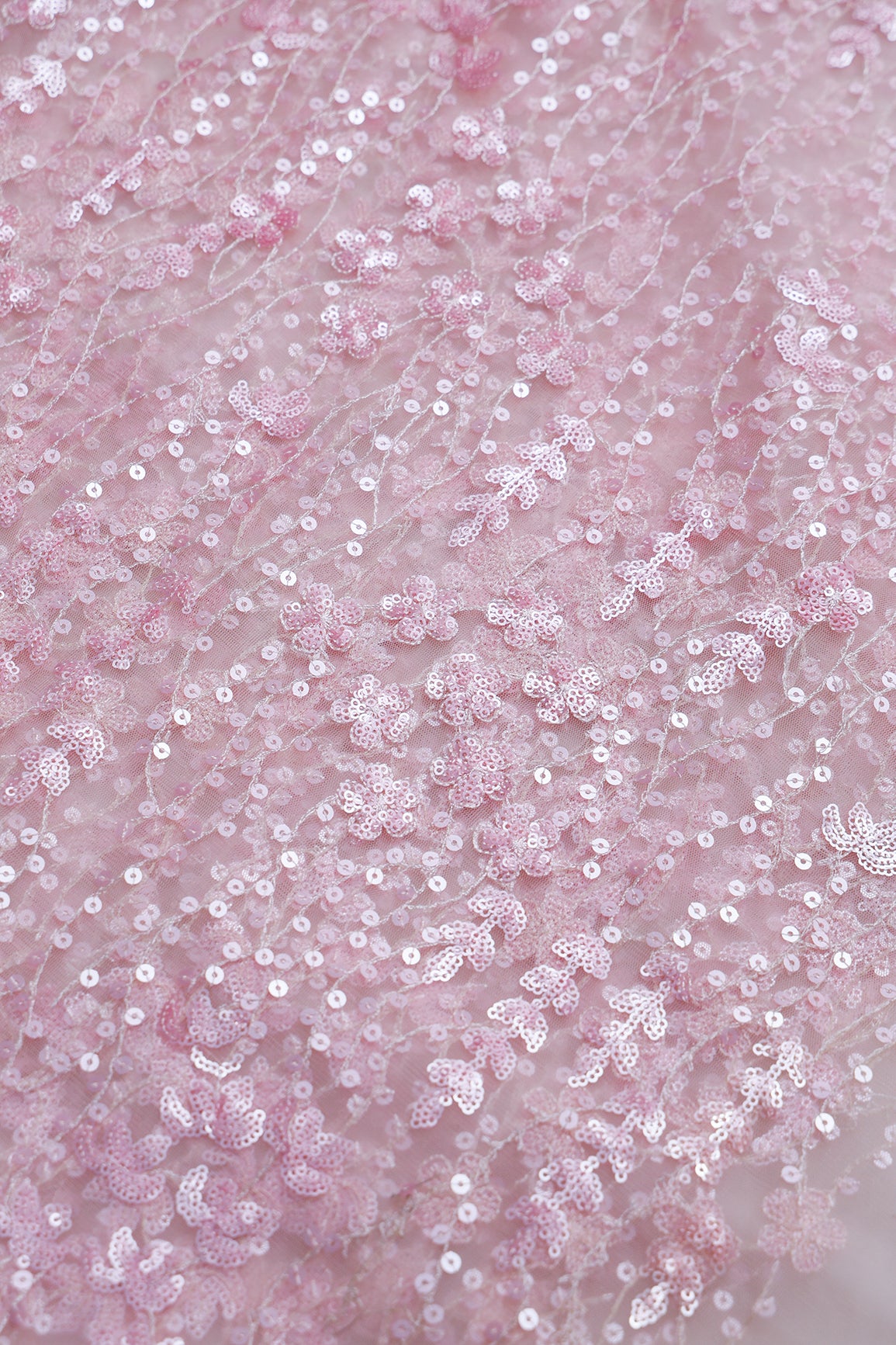 3 Meter Cut Piece Of Cream Thread With Light Pink Sequins Floral Embroidery Work On Cream Soft Net Fabric