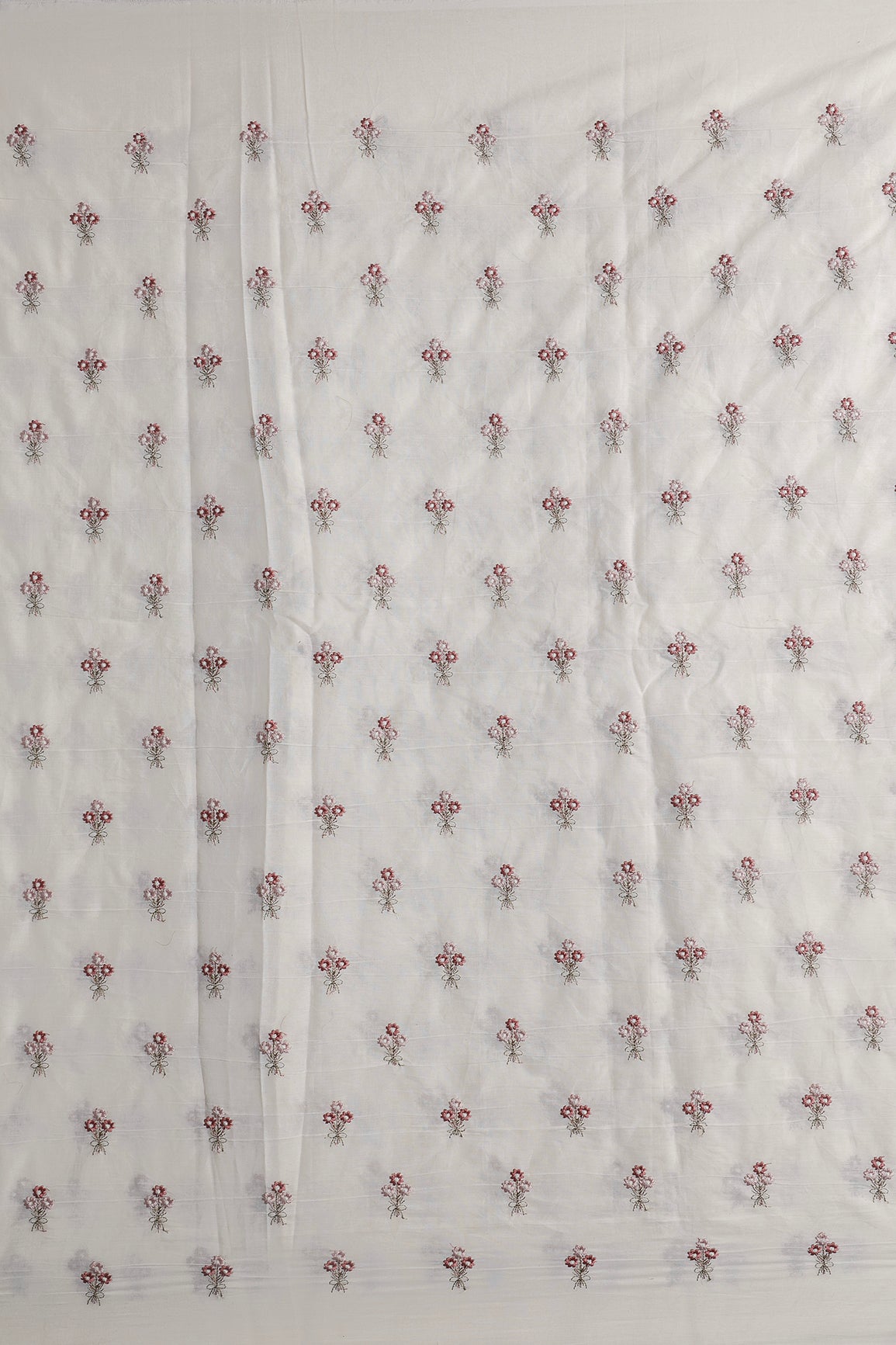 Mauve And Onion Pink Thread Small Floral Embroidery Work On Off White Organic Cotton Fabric