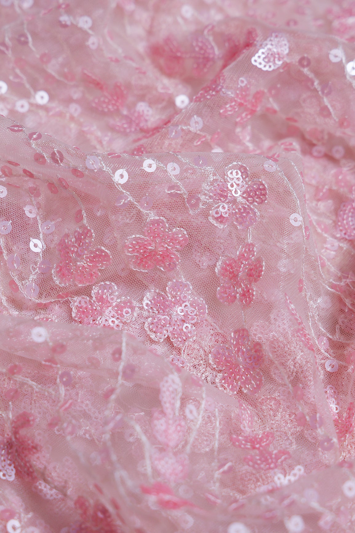 3 Meter Cut Piece Of Cream Thread With Light Pink Sequins Floral Embroidery Work On Cream Soft Net Fabric