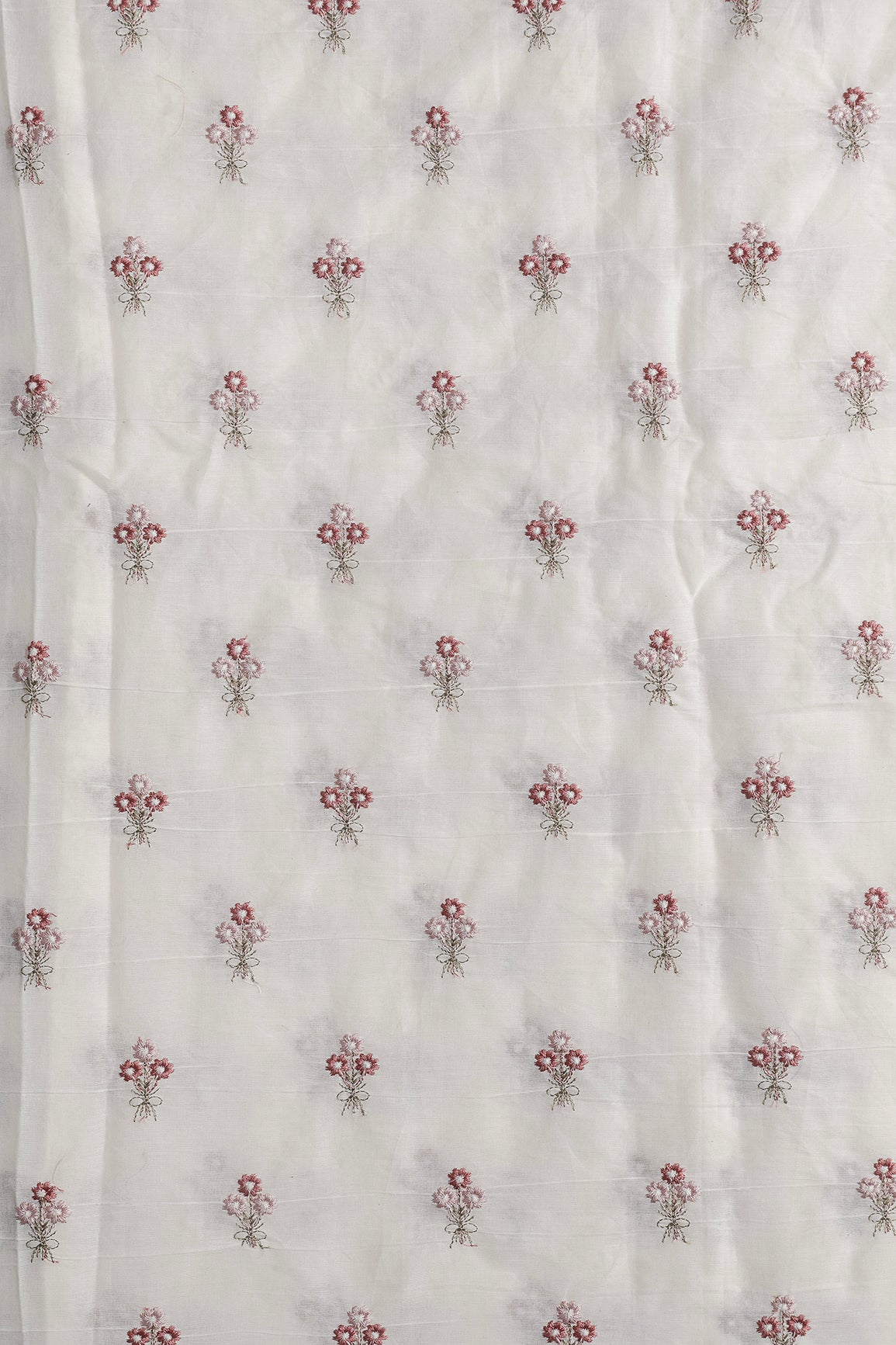 Mauve And Onion Pink Thread Small Floral Embroidery Work On Off White Organic Cotton Fabric