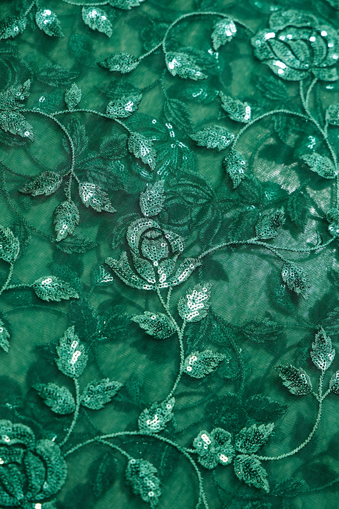 2 Meter Cut Piece Of Gorgeous Bottle Green Thread With Sequins Floral Leafy Embroidery On Bottle Green Soft Net Fabric