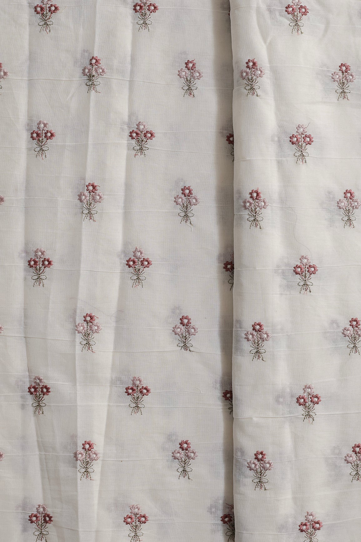 Mauve And Onion Pink Thread Small Floral Embroidery Work On Off White Organic Cotton Fabric