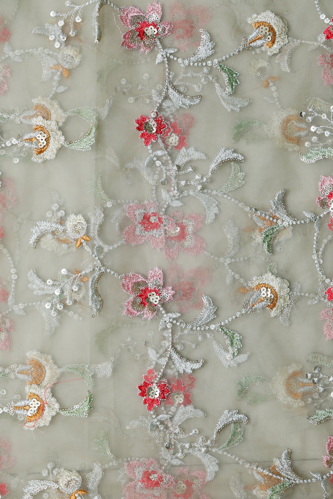 1 Meter Cut Piece Of Multi Thread With Gold Sequins Floral Embroidery On Olive Soft Net Fabric