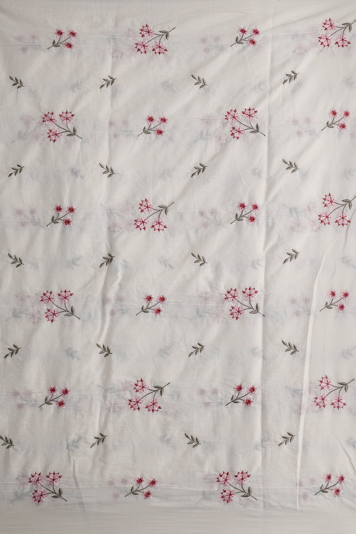 Pink And Baby Pink Thread Beautiful Floral Embroidery Work On Off White Organic Cotton Fabric
