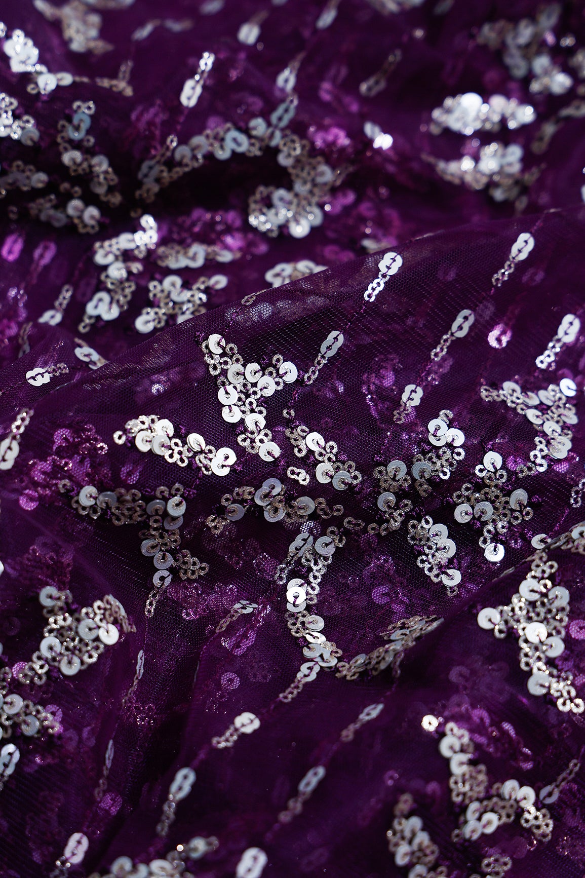 1 Meter Cut Piece Of Gold And Silver Sequins With Wine Thread Abstract Embroidery Work On Wine Soft Net Fabric