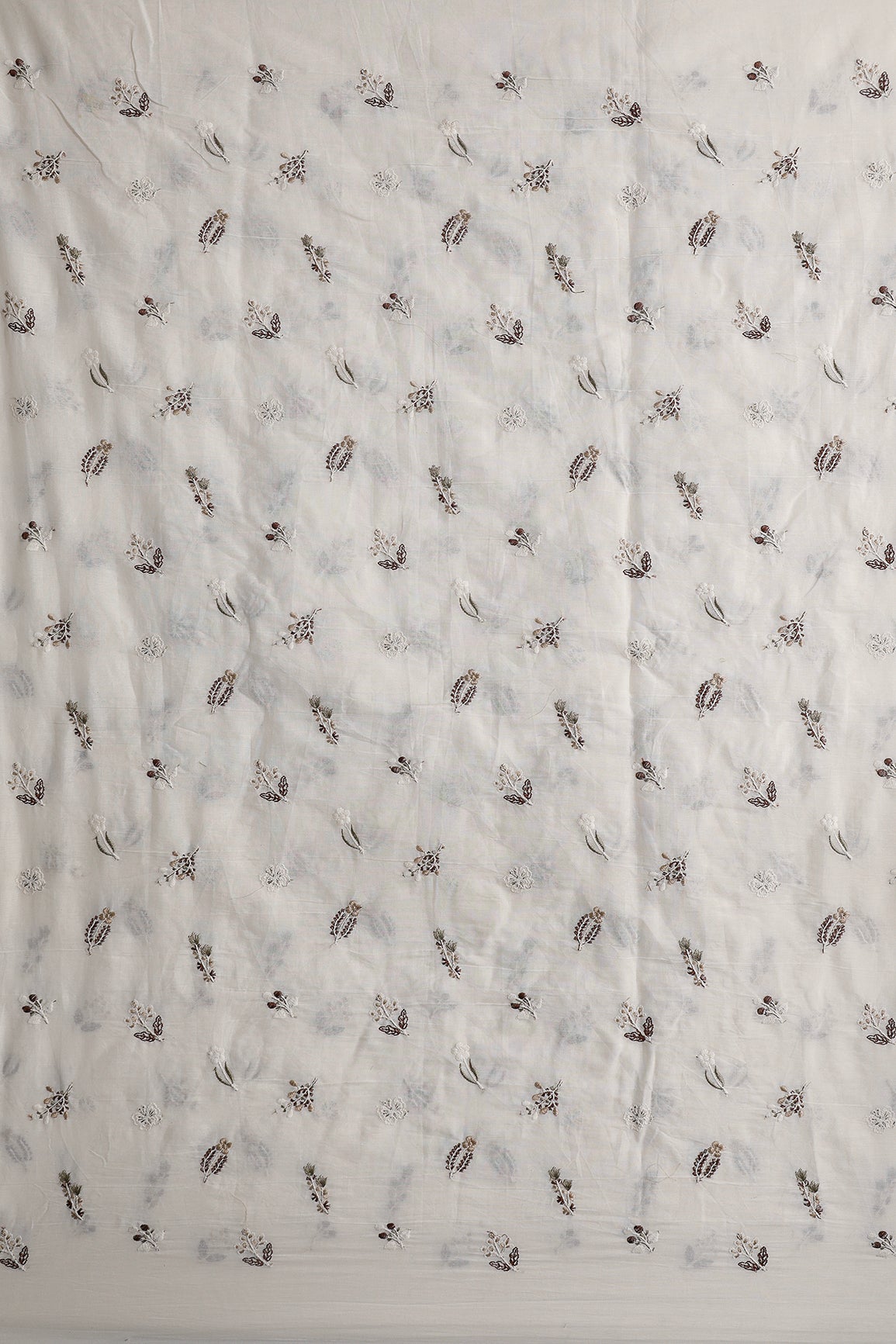 Beautiful Multi Thread Leafy Embroidery Work On Off White Organic Cotton Fabric