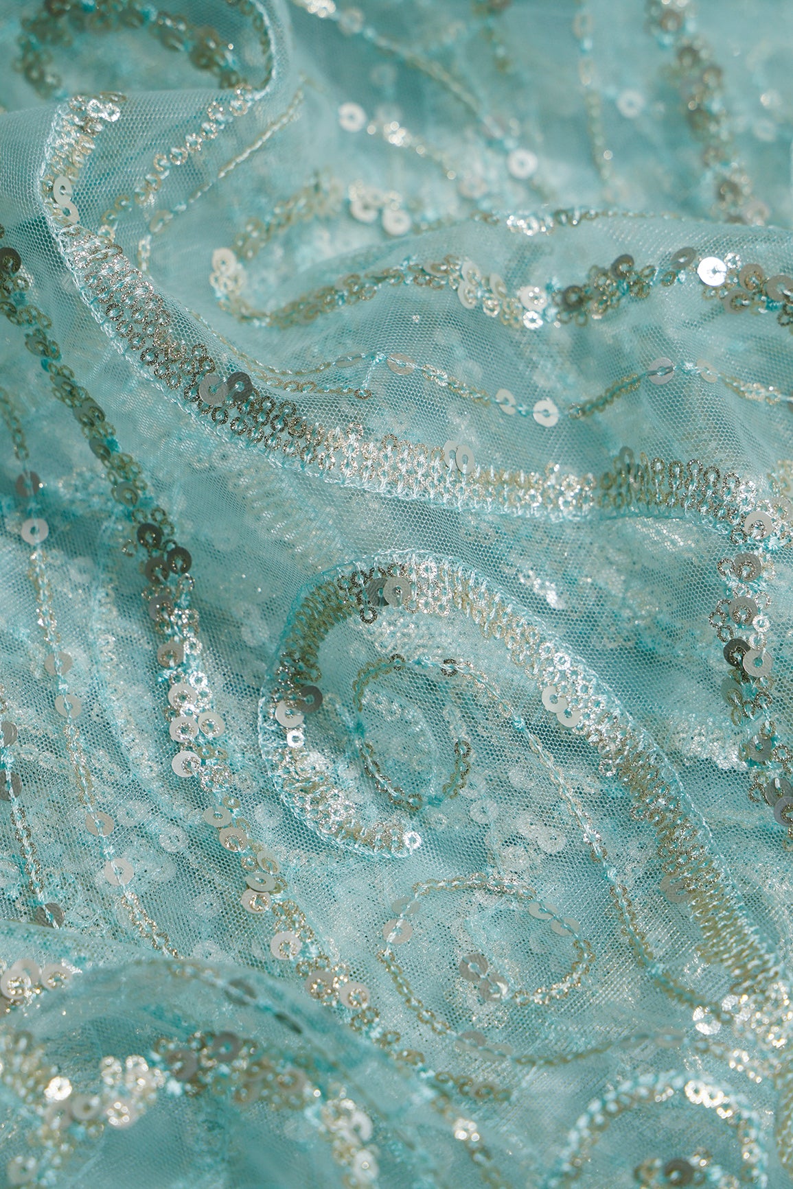 2.25 Meter Cut Piece Of Gorgeous Multi Sequins Geometric Embroidery On Light Sky Blue Soft Net Fabric