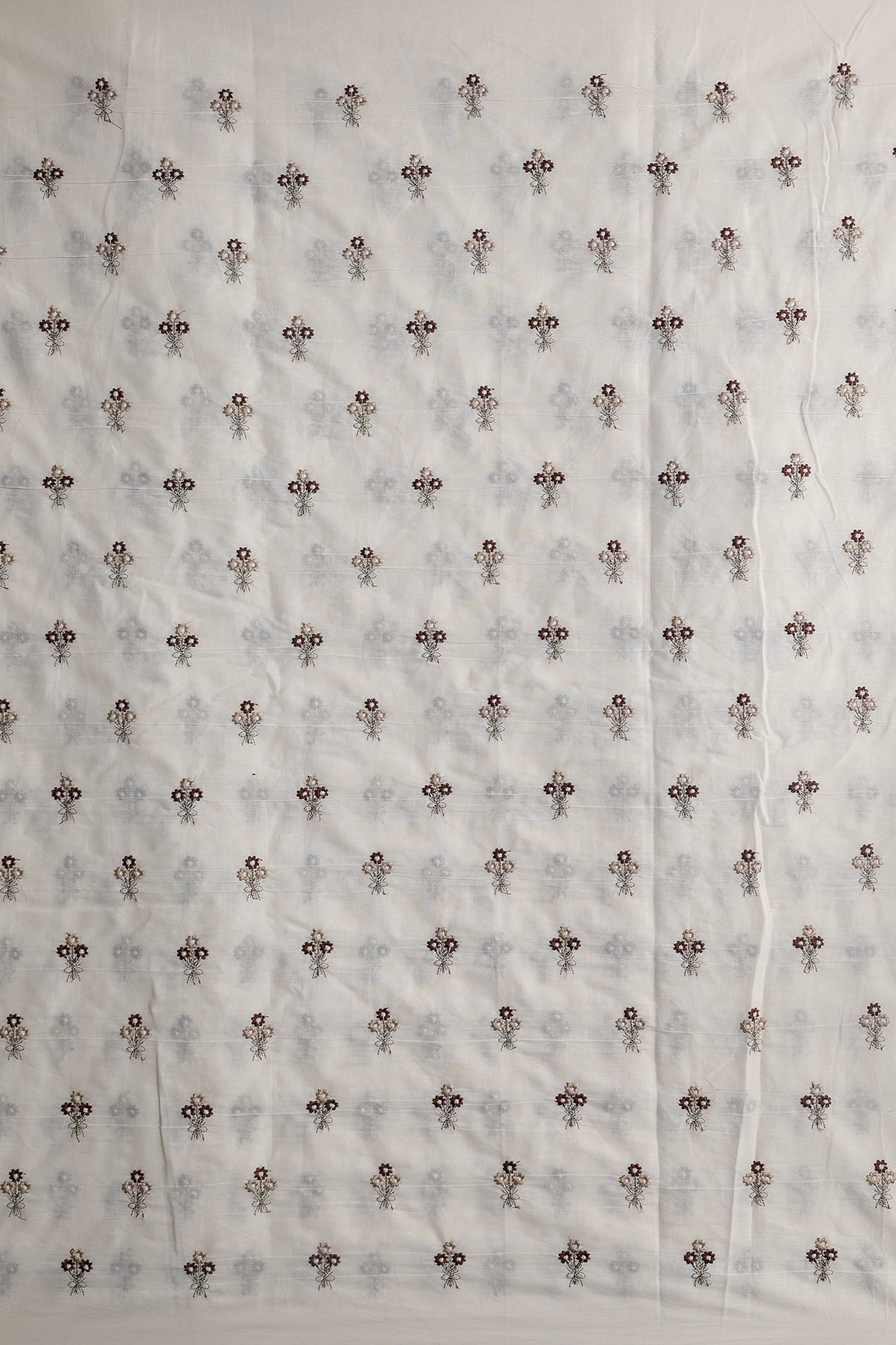 Coffee And Beige Thread Small Floral Embroidery Work On Off White Organic Cotton Fabric