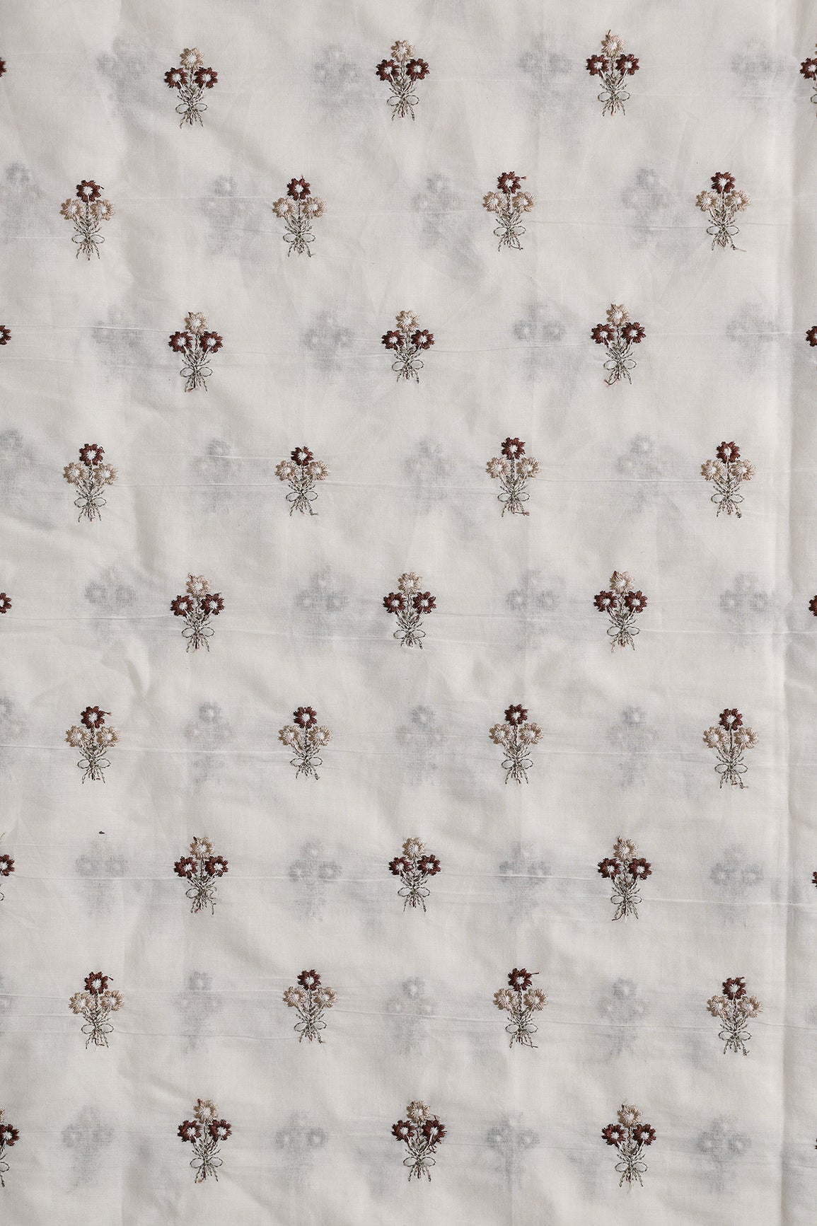 Coffee And Beige Thread Small Floral Embroidery Work On Off White Organic Cotton Fabric