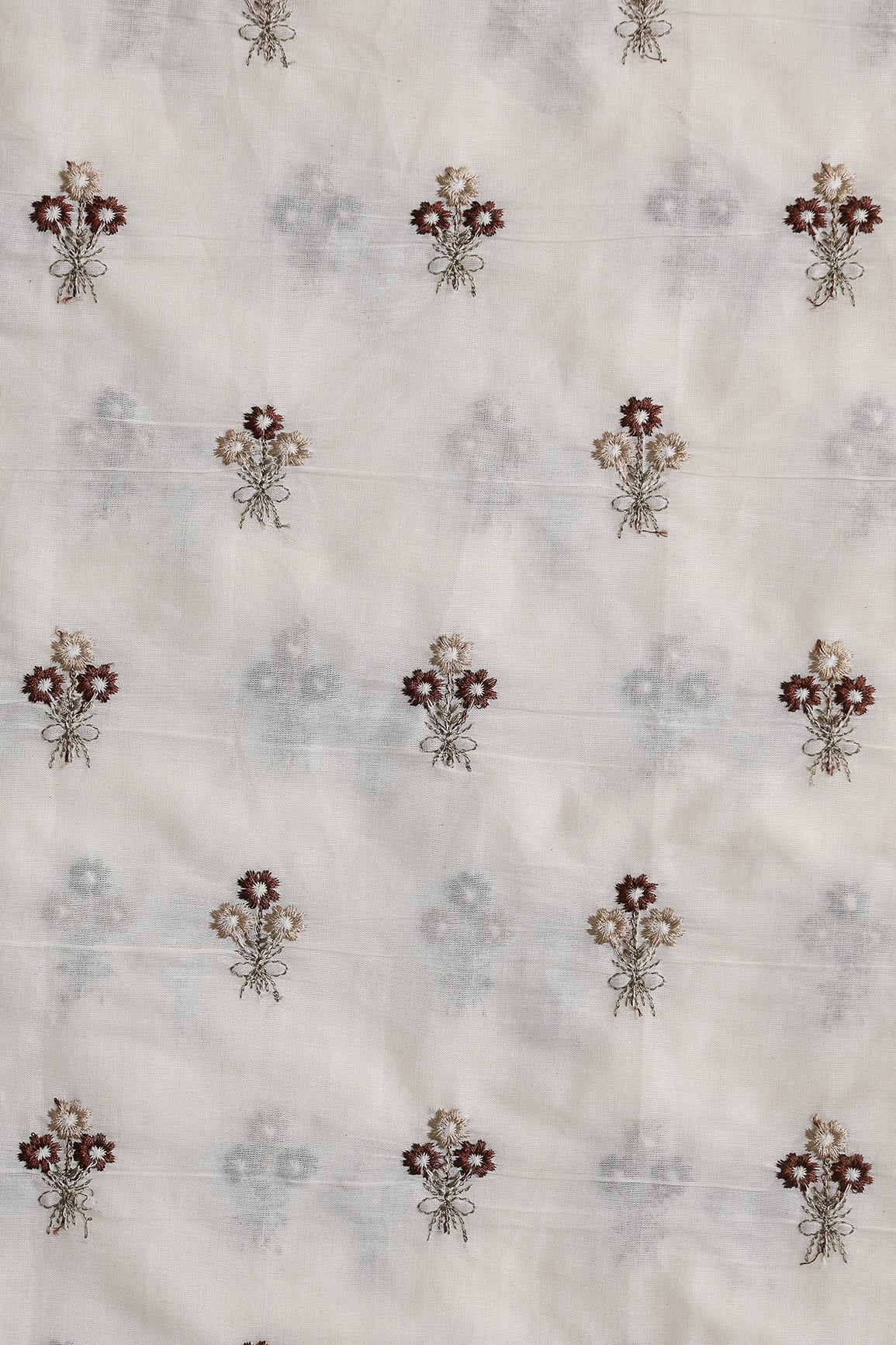 Coffee And Beige Thread Small Floral Embroidery Work On Off White Organic Cotton Fabric