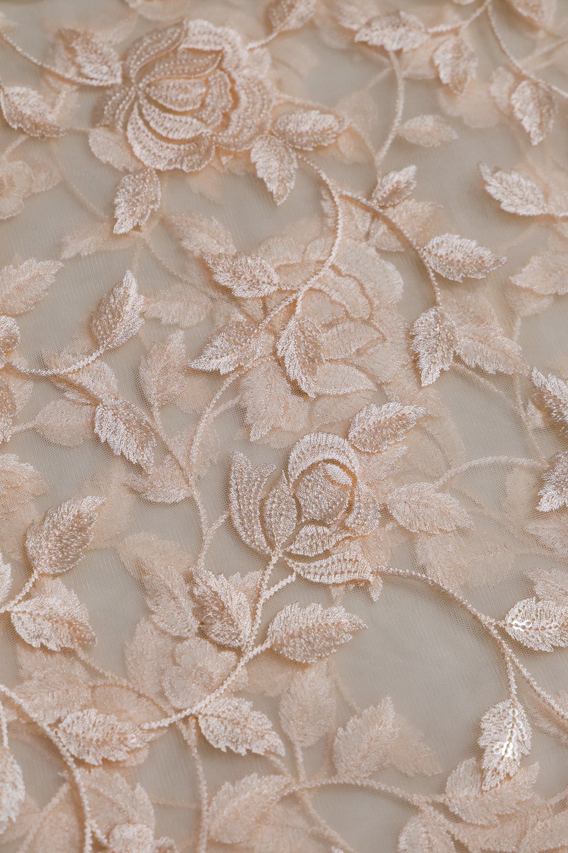 1 Meter Cut Piece Of Gorgeous Light Peach Thread With Sequins Floral Leafy Embroidery On Light Peach Soft Net Fabric