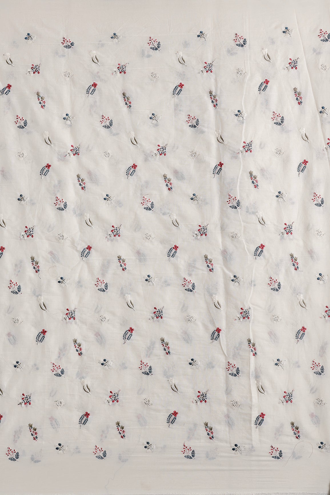 Beautiful Multi Thread Leafy Embroidery Work On Off White Organic Cotton Fabric