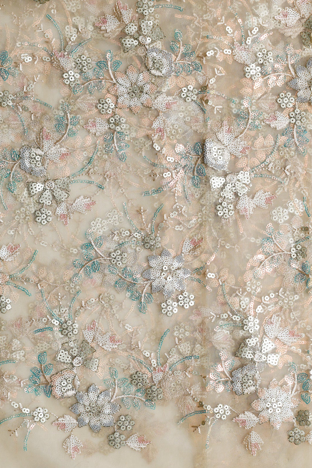 1.50 Meter Cut Piece Of Gold Sequins With Beige Thread Floral Embroidery Work On Beige Soft Net Fabric