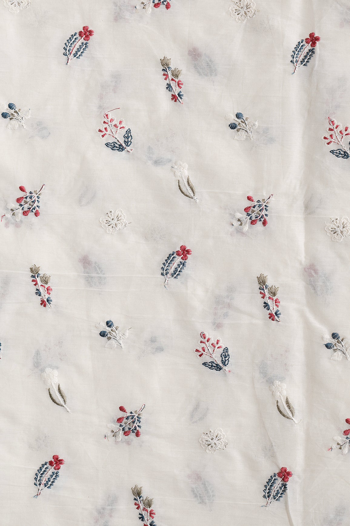 Beautiful Multi Thread Leafy Embroidery Work On Off White Organic Cotton Fabric