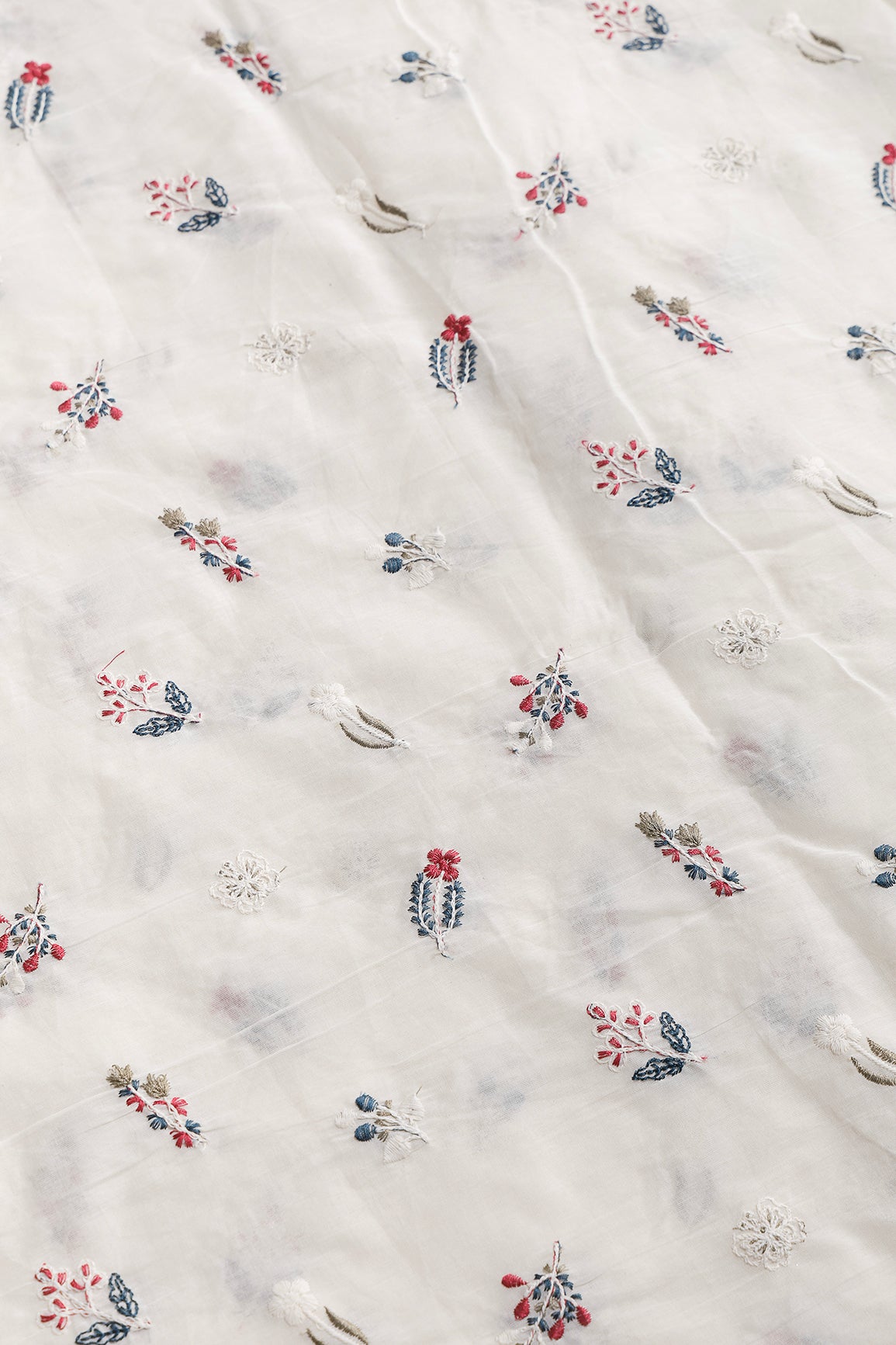 Beautiful Multi Thread Leafy Embroidery Work On Off White Organic Cotton Fabric