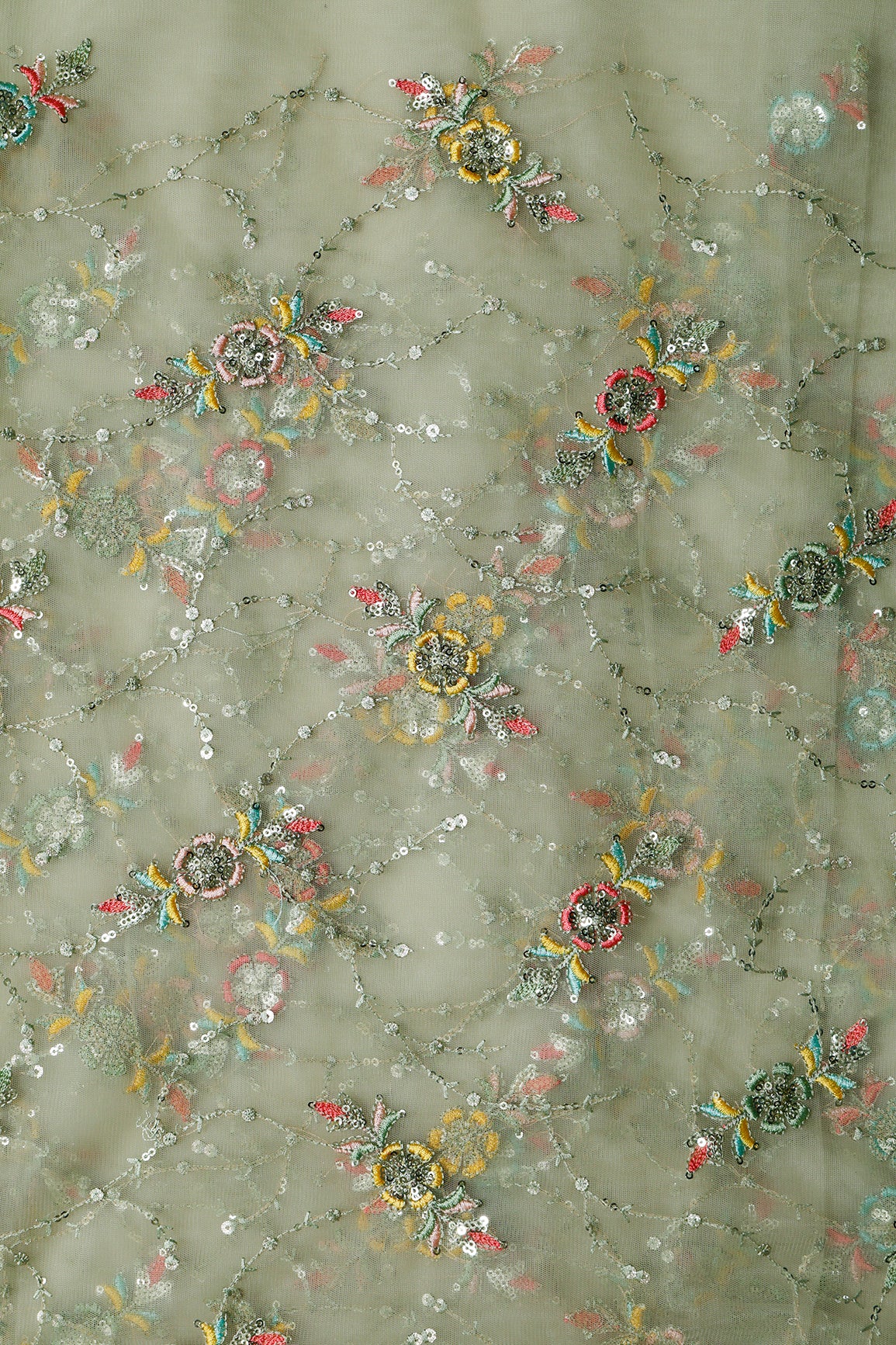 1.75 Meter Cut Piece Of Multi Thread With Gold Sequins Floral Embroidery Work On Olive Soft Net Fabric