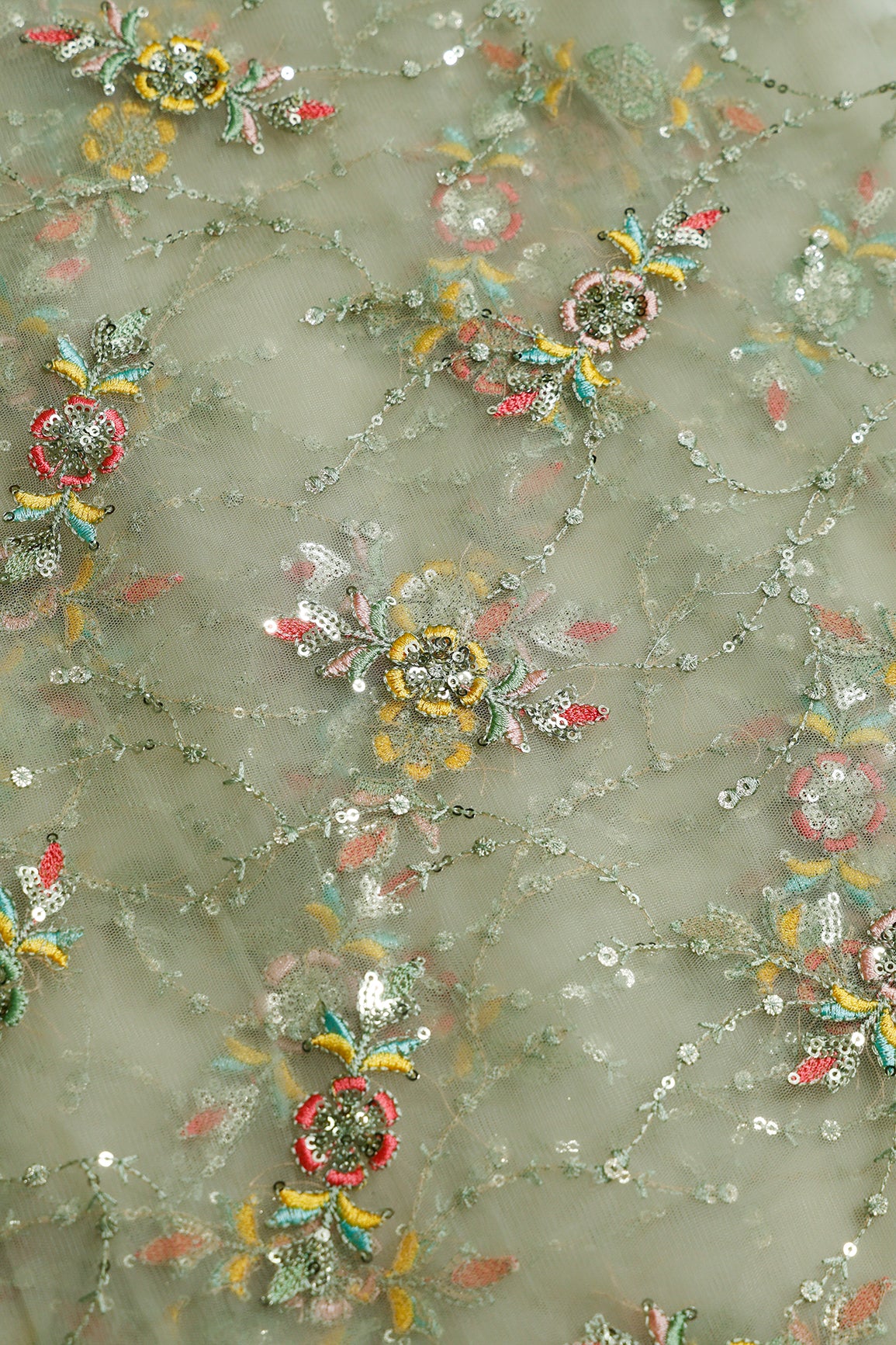 1.75 Meter Cut Piece Of Multi Thread With Gold Sequins Floral Embroidery Work On Olive Soft Net Fabric