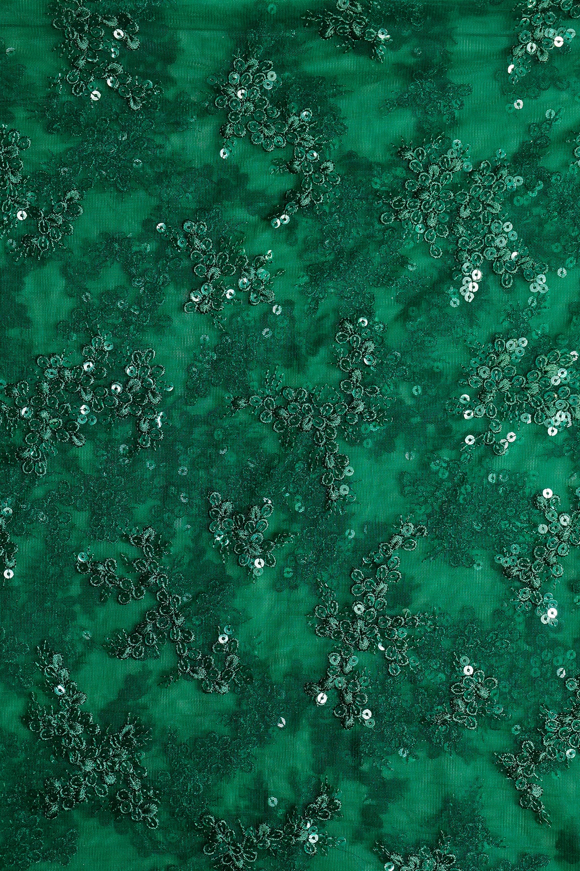 1 Meter Cut Piece Of Exclusive Green Thread With Sequins Abstract Embroidery Work On Bottle Green Soft Net Fabric