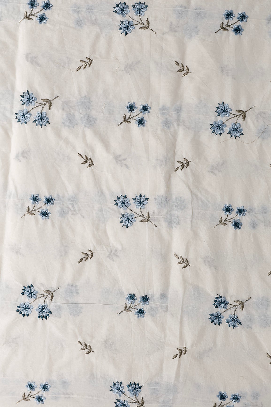 Rama And Sky Blue Thread Beautiful Floral Embroidery Work On Off White Organic Cotton Fabric