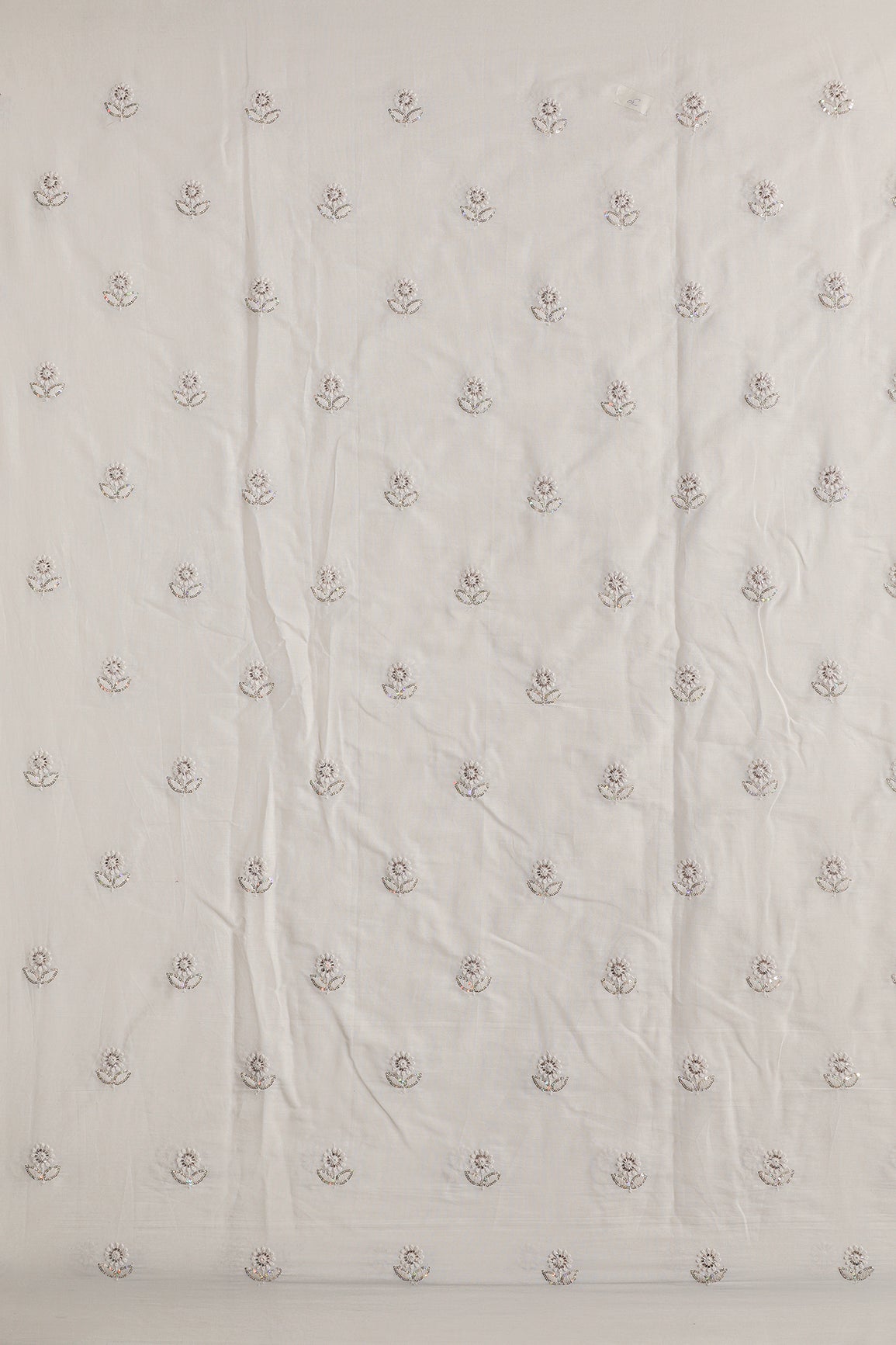 Multi Sequins & Beads With Thread Floral Leafy Embroidery Work On Off White Organic Cotton Fabric