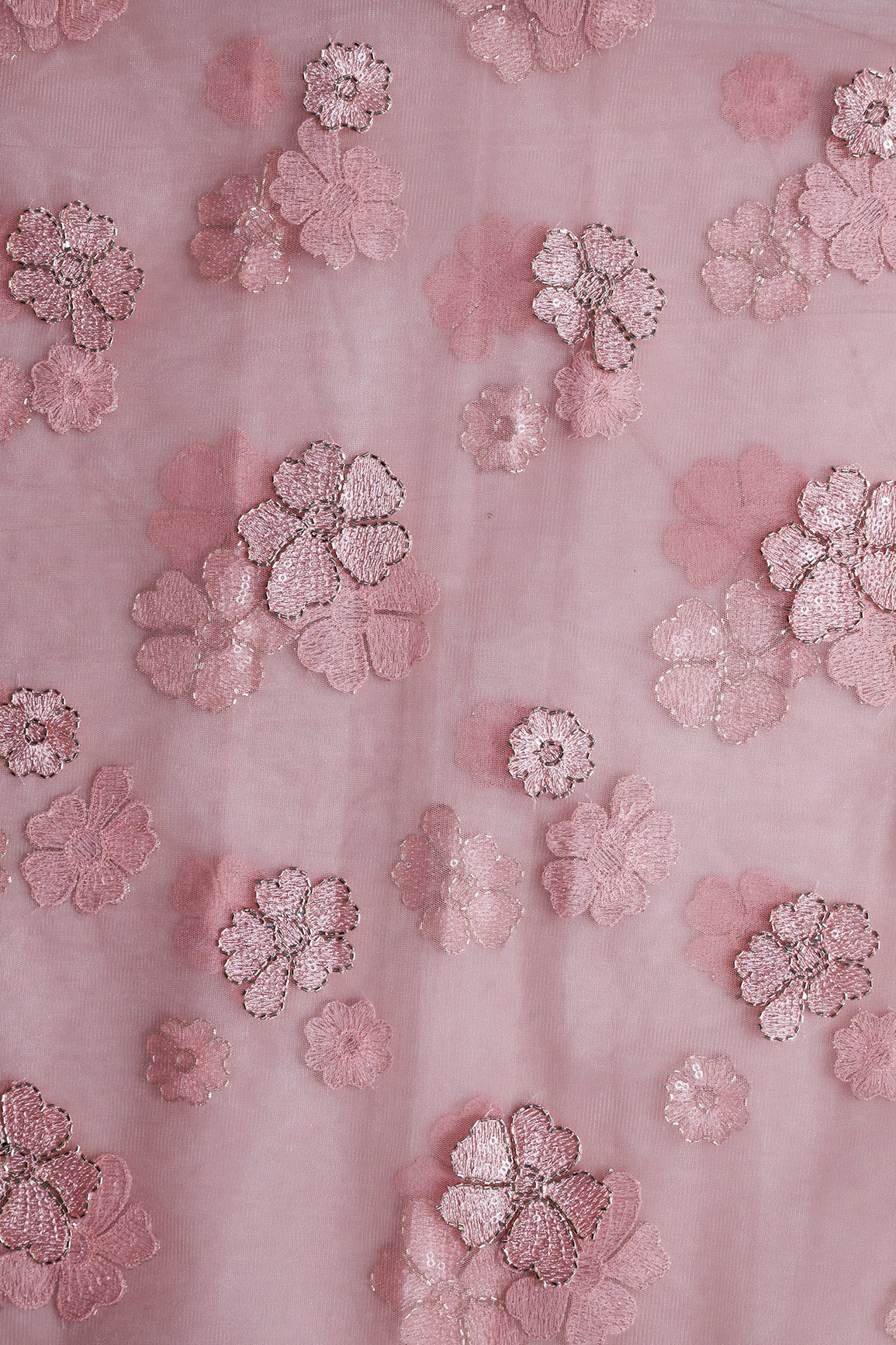 1 Meter Cut Piece Of Dusty Pink Thread & Beads With Water Sequins Floral Embroidery Work On Dusty Pink Soft Net Fabric