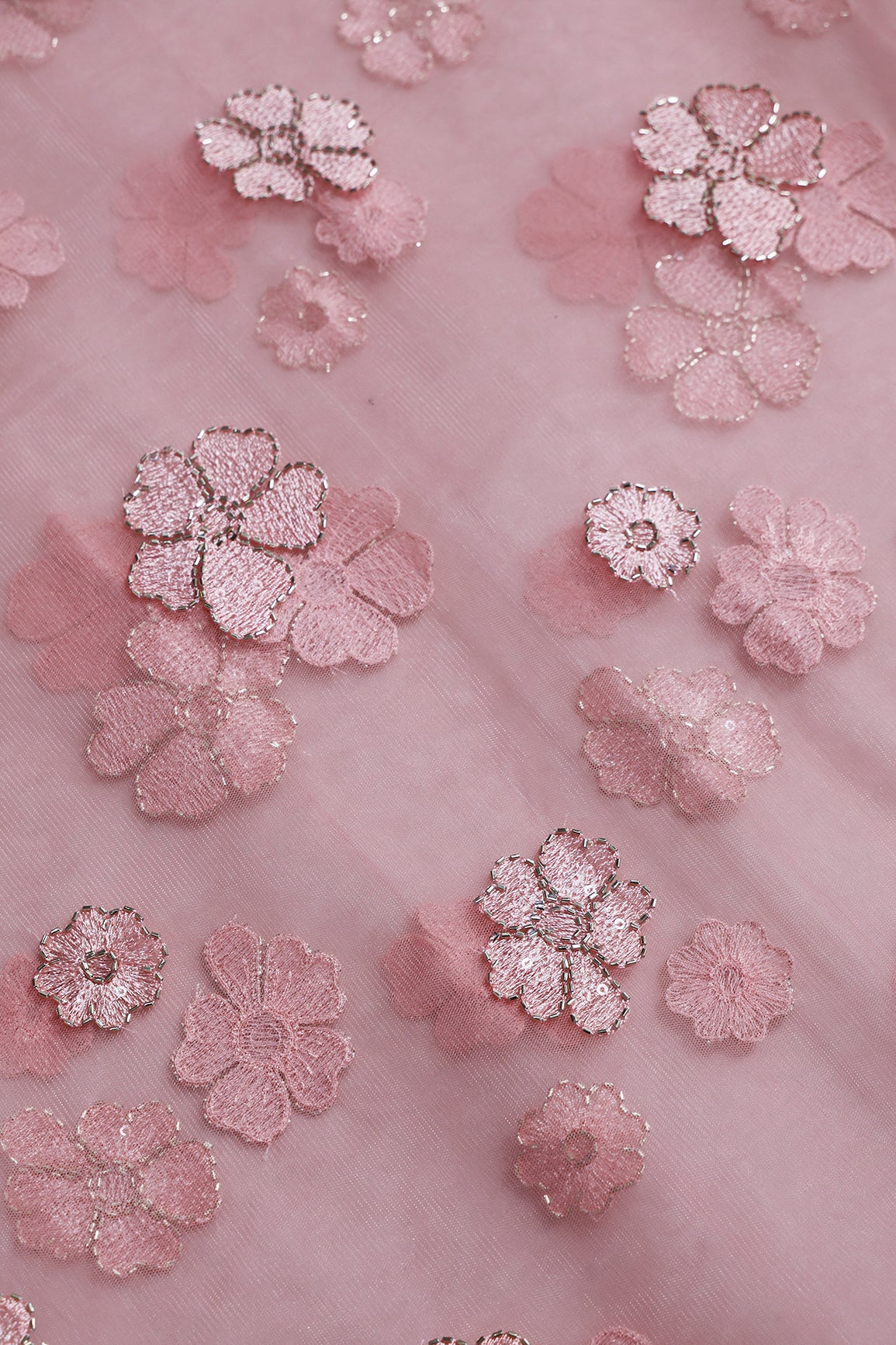 1 Meter Cut Piece Of Dusty Pink Thread & Beads With Water Sequins Floral Embroidery Work On Dusty Pink Soft Net Fabric